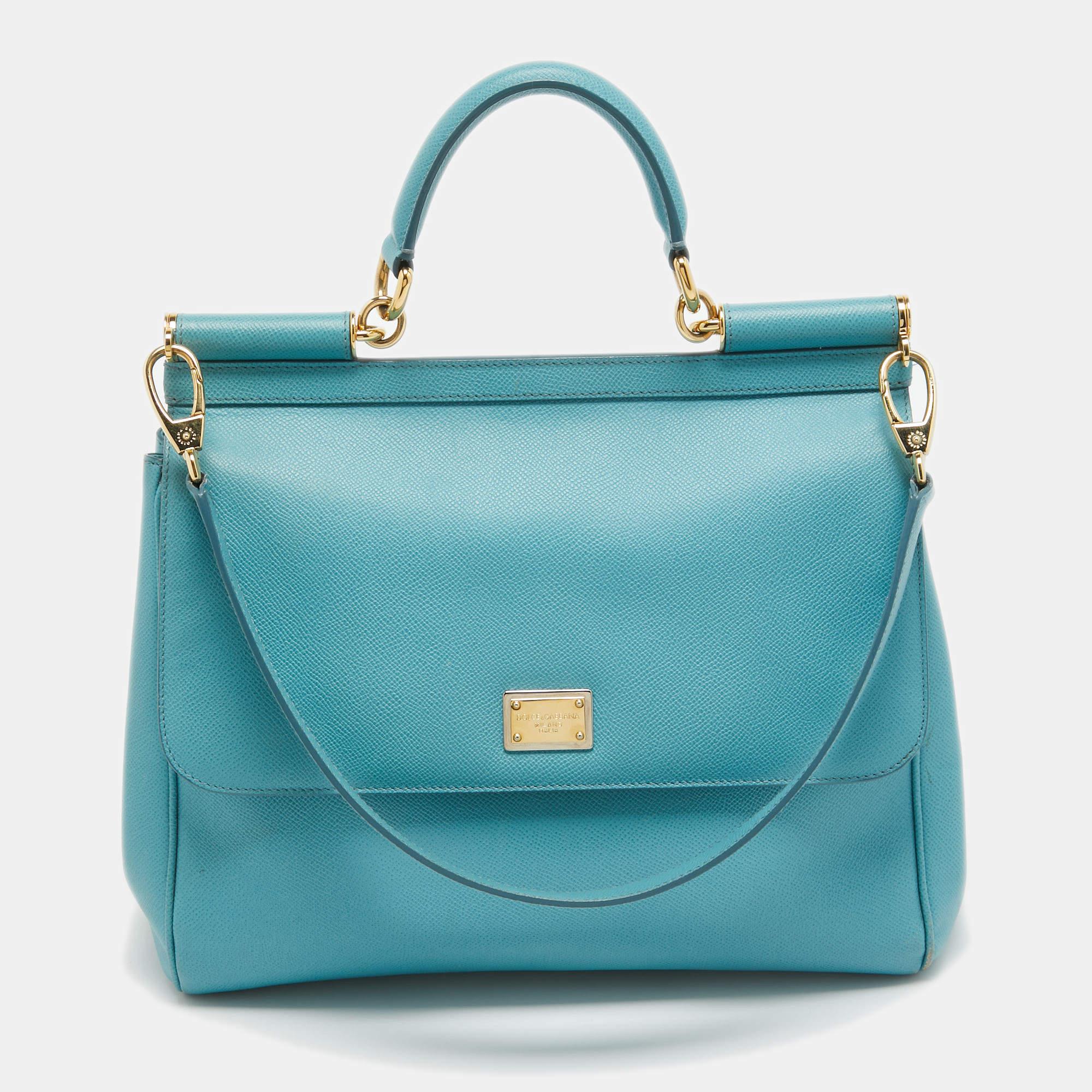 Pre Owned Dolce & Gabbana Light Blue Leather Large Miss Sicily Top Handle Bag
