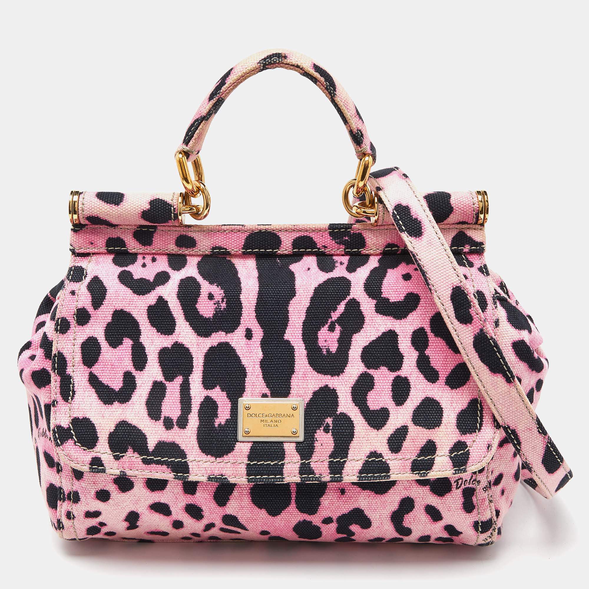 Pre Owned Dolce & Gabbana Pink/Black Leopard Print Canvas Medium Miss Sicily Top Handle Bag