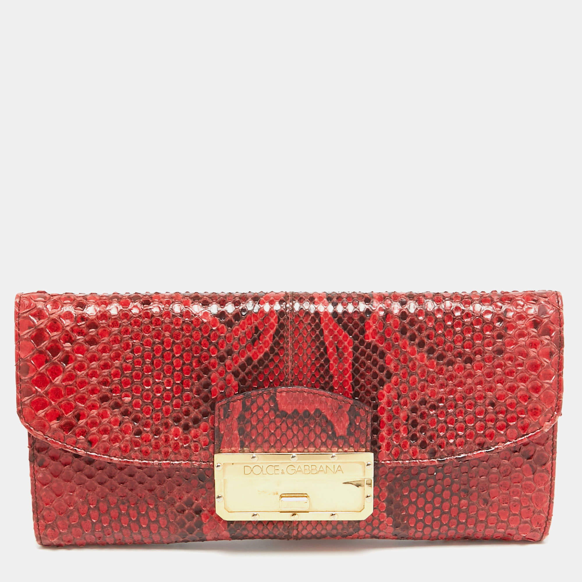 Pre Owned Dolce & Gabbana Red/Black Python Pushlock Flap Clutch Bag