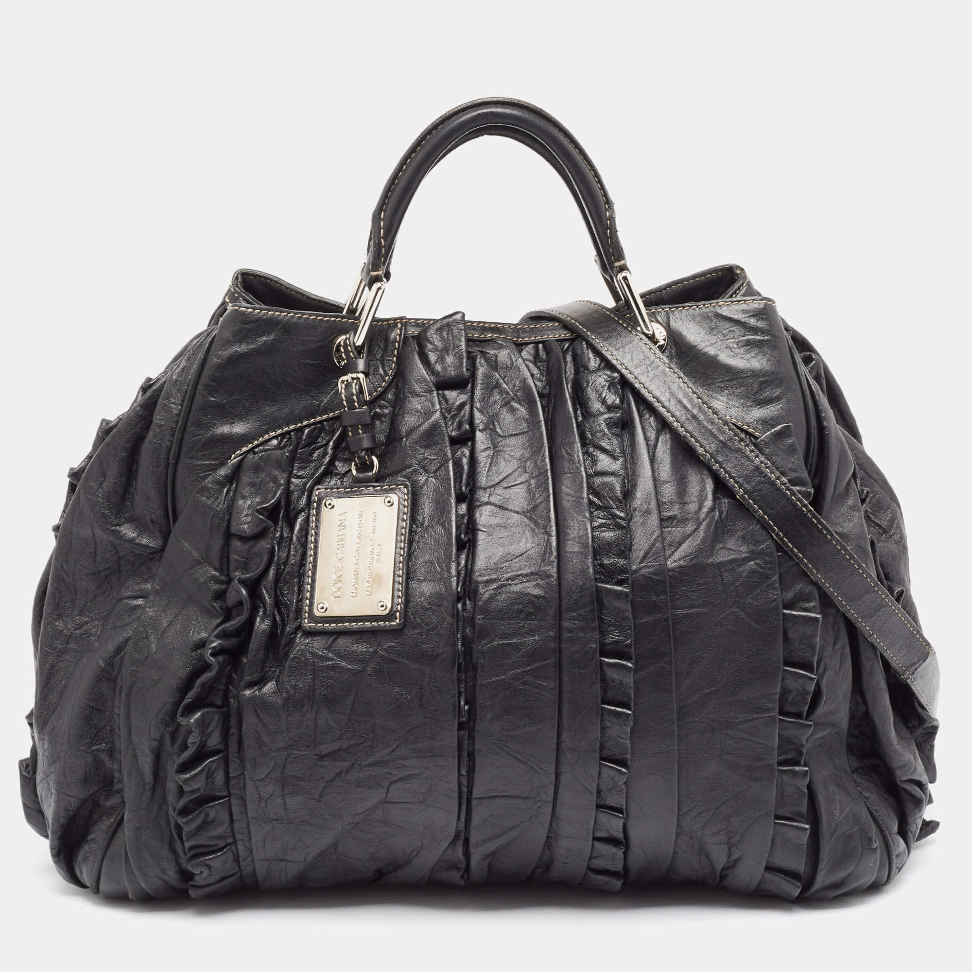 Pre Owned Dolce & Gabbana Black Leather Ruffle Miss Brooke Bag