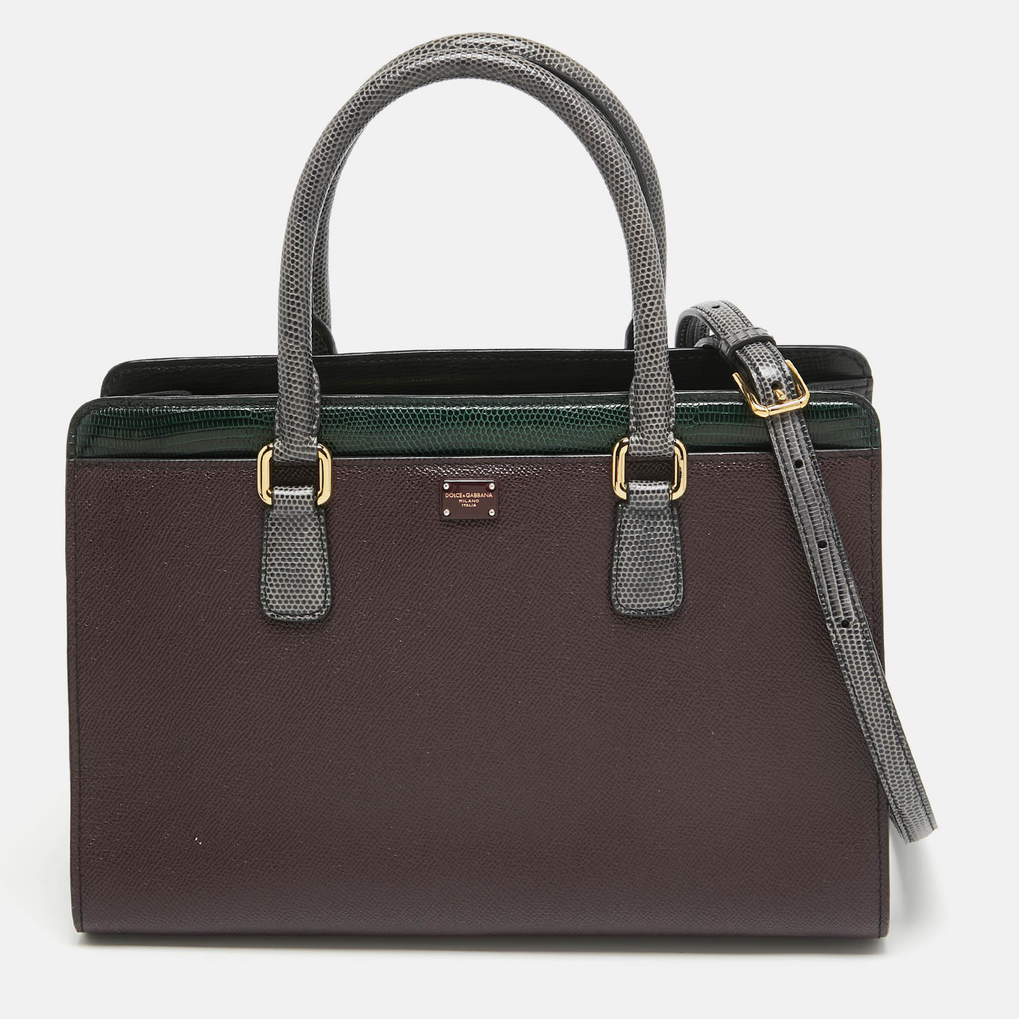 Pre Owned Dolce & Gabbana Tricolor Lizard Embossed Leather Zip Tote