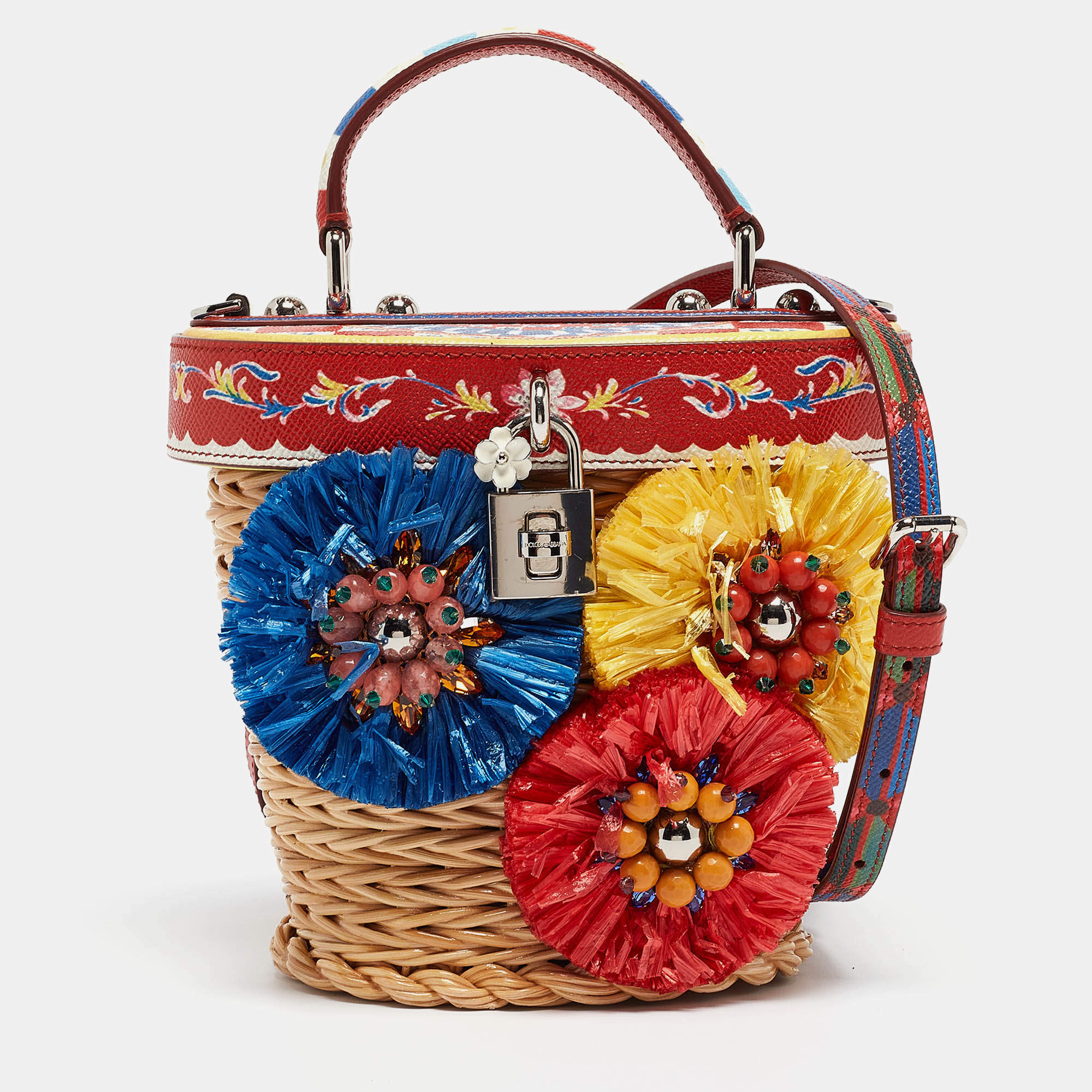 مملوكة مسبقًا Dolce & Gabbana Multicolor Printed Leather, Wicker and Raffia Embellished Top Handle Bag