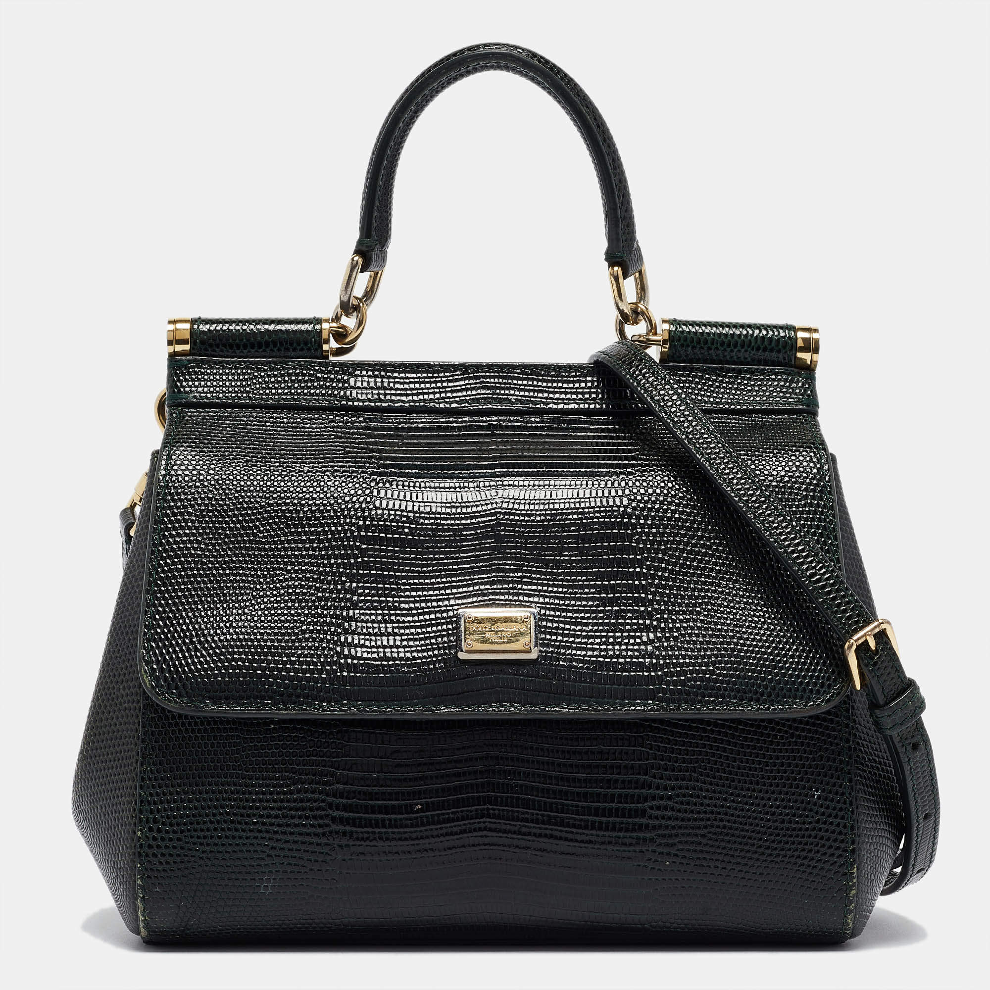 Pre Owned Dolce & Gabbana Green Lizard Embossed Leather Small Miss Sicily Top Handle Bag