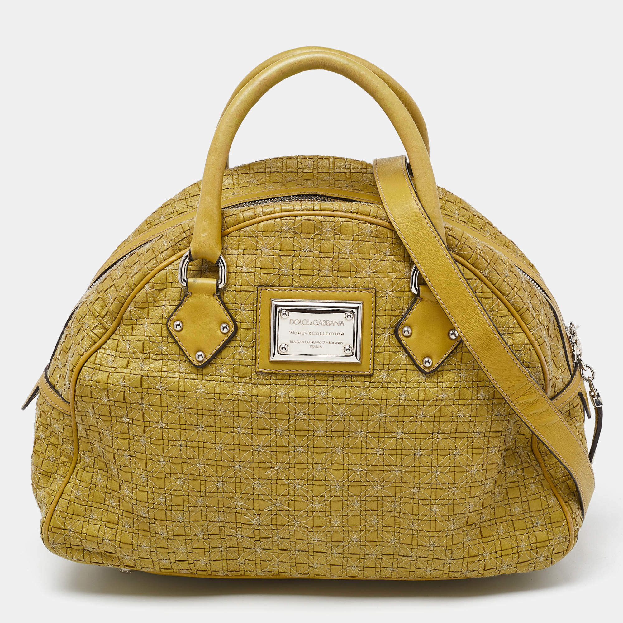 Pre Owned Dolce & Gabbana Olive Green Woven Leather Miss Biz Satchel