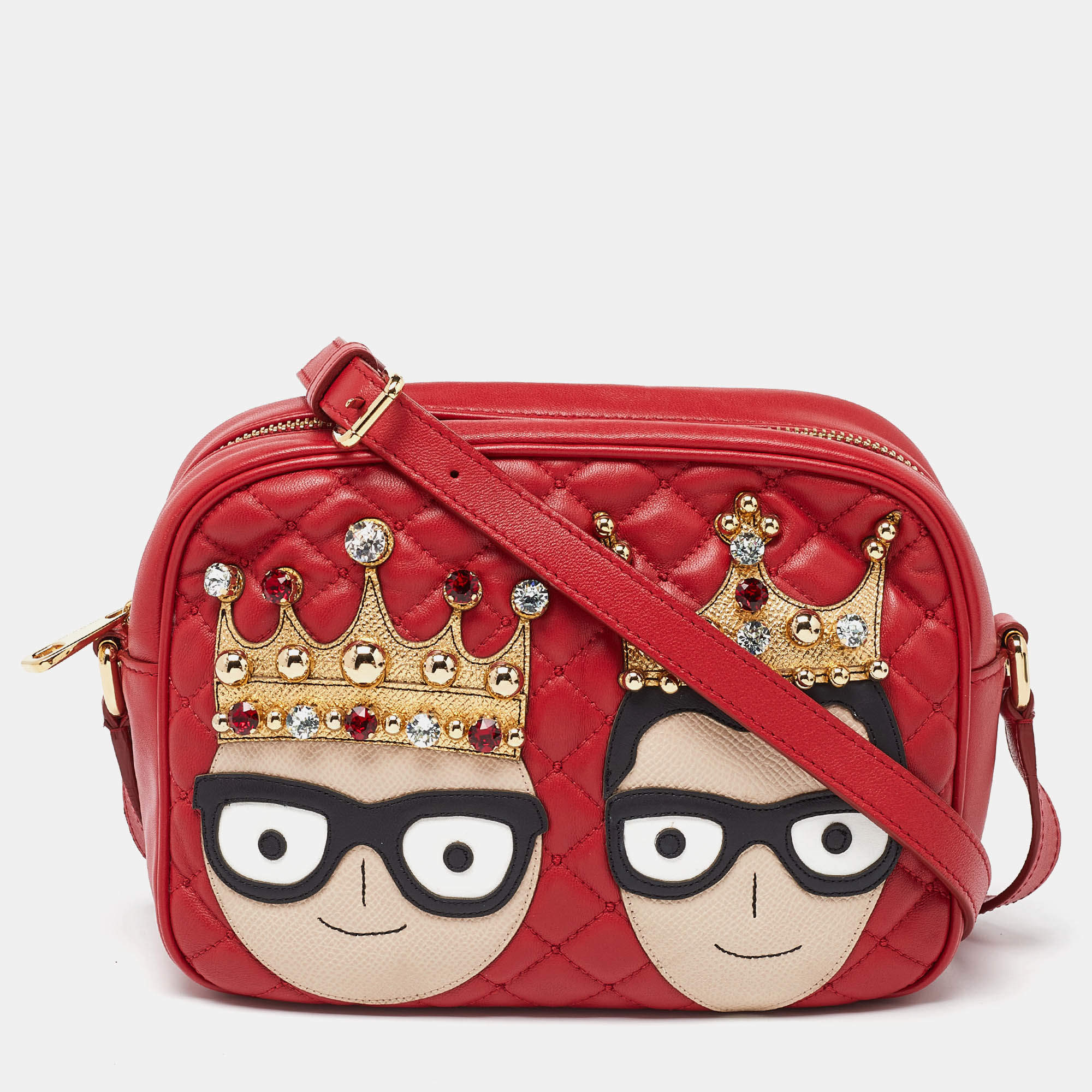 Pre Owned Dolce & Gabbana Red Leather Glam Embellished Camera Bag
