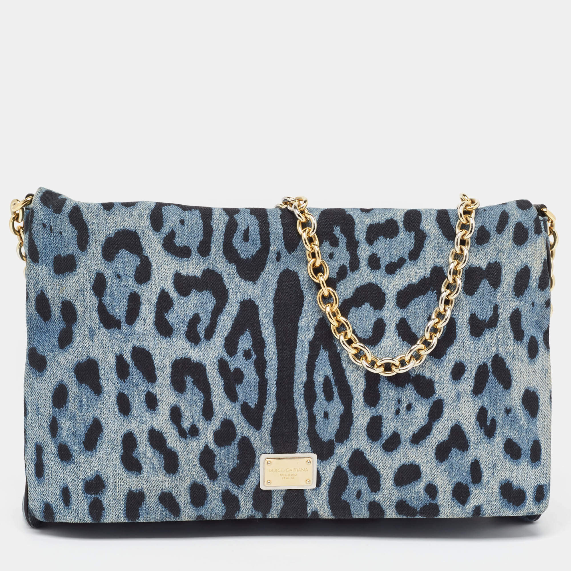 Pre Owned Dolce & Gabbana Blue/Black Leopard Print Denim Flap Shoulder Bag