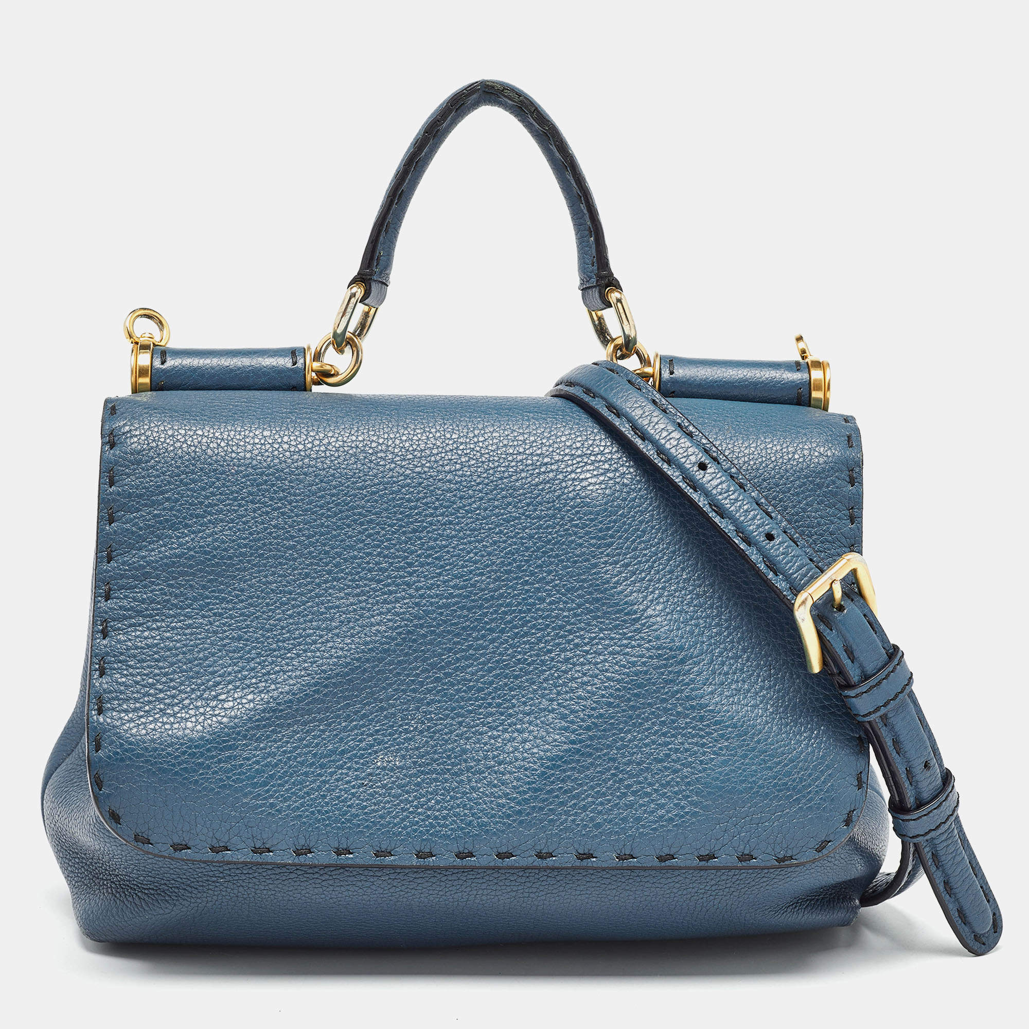 Pre Owned Dolce & Gabbana Teal Leather Medium Stitched Sicily Top Handle Bag