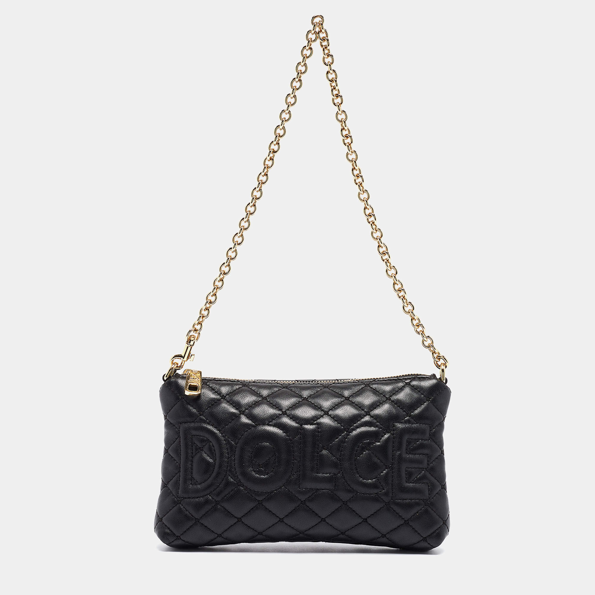 Pre Owned Dolce & Gabbana Black Quilted Leather Logo Pochette Bag