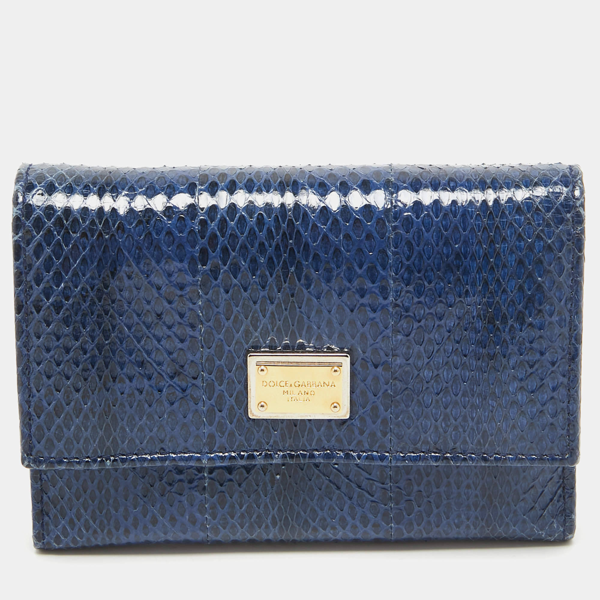 Pre Owned Dolce & Gabbana Blue Watersnake Leather Logo Trifold Wallet