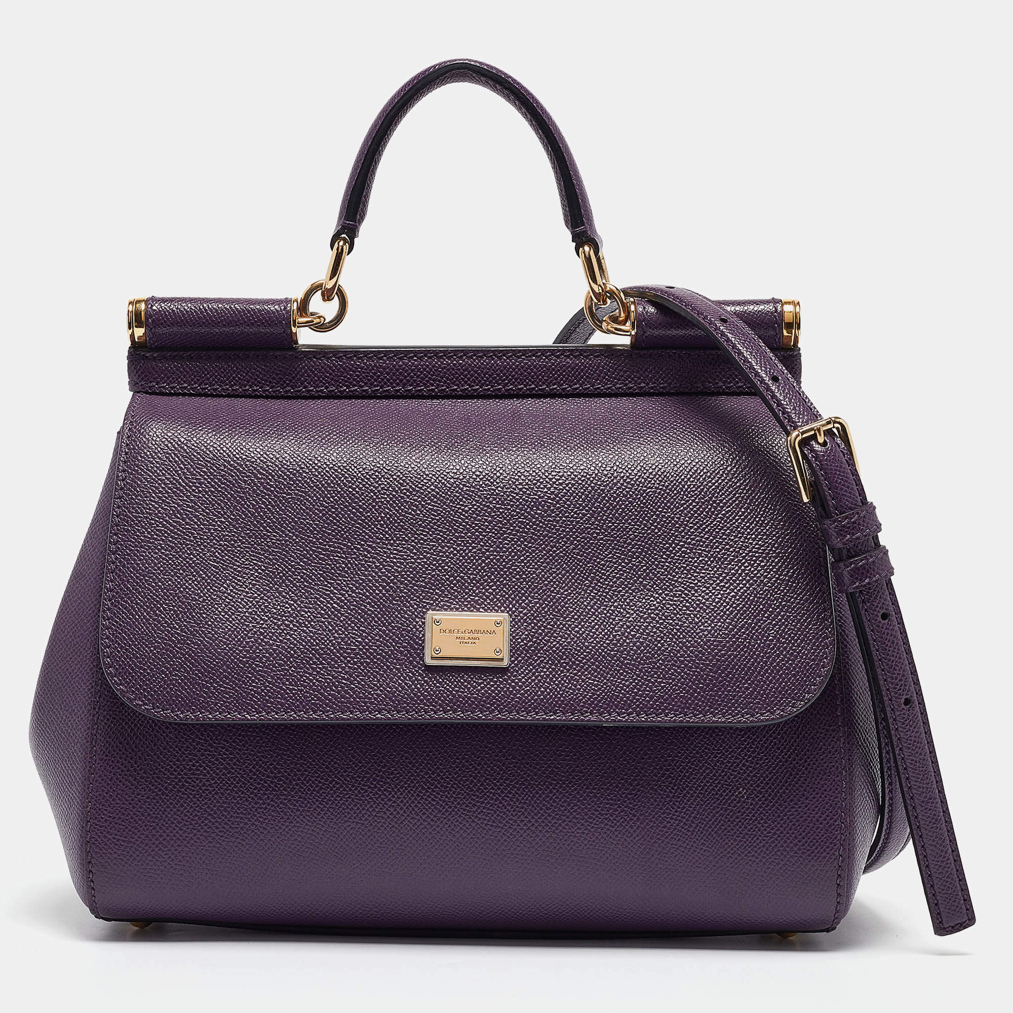 Pre Owned Dolce & Gabbana Purple Leather Medium Miss Sicily Top Handle Bag