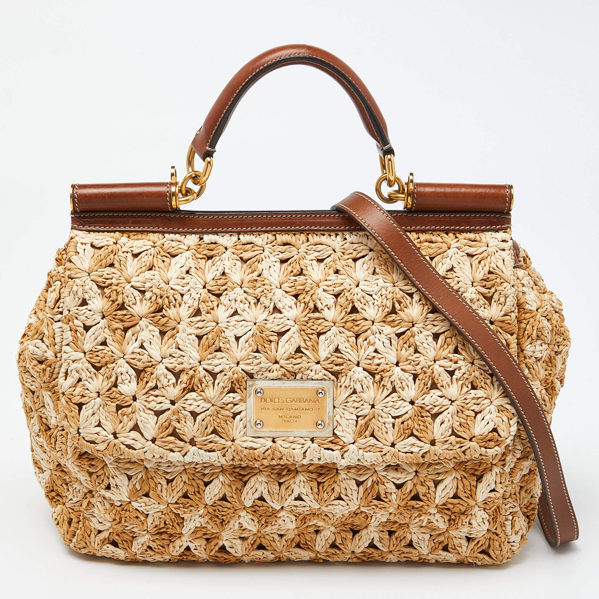 Pre Owned Dolce & Gabbana Beige/Brown Crochet Raffia and Leather Large Miss Sicily Top Handle Bag 