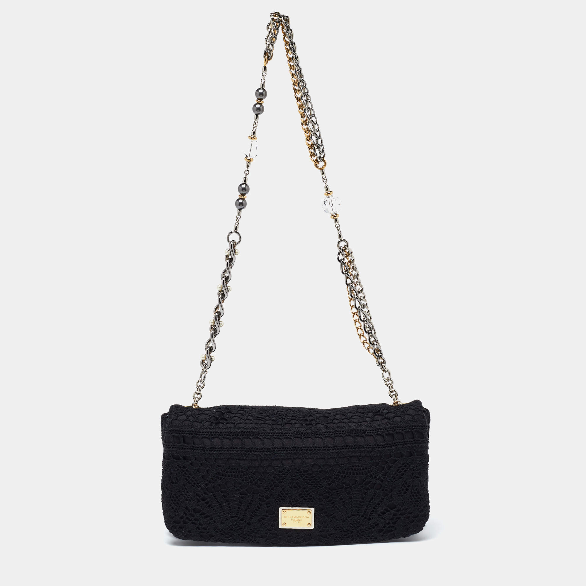 Pre Owned Dolce & Gabbana Black Lace Chain Flap Shoulder Bag