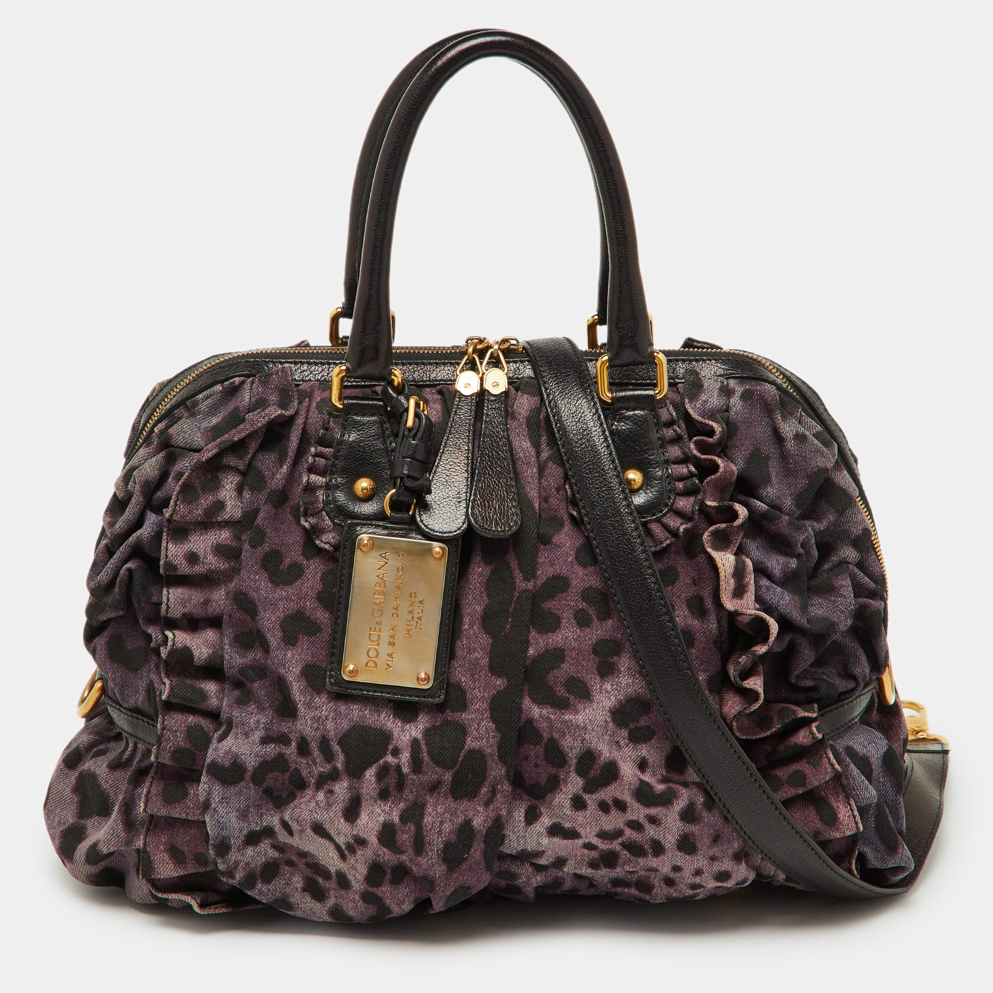 Pre Owned Dolce & Gabbana Purple Leopard Print Canvas and Leather Miss Rouche Bag