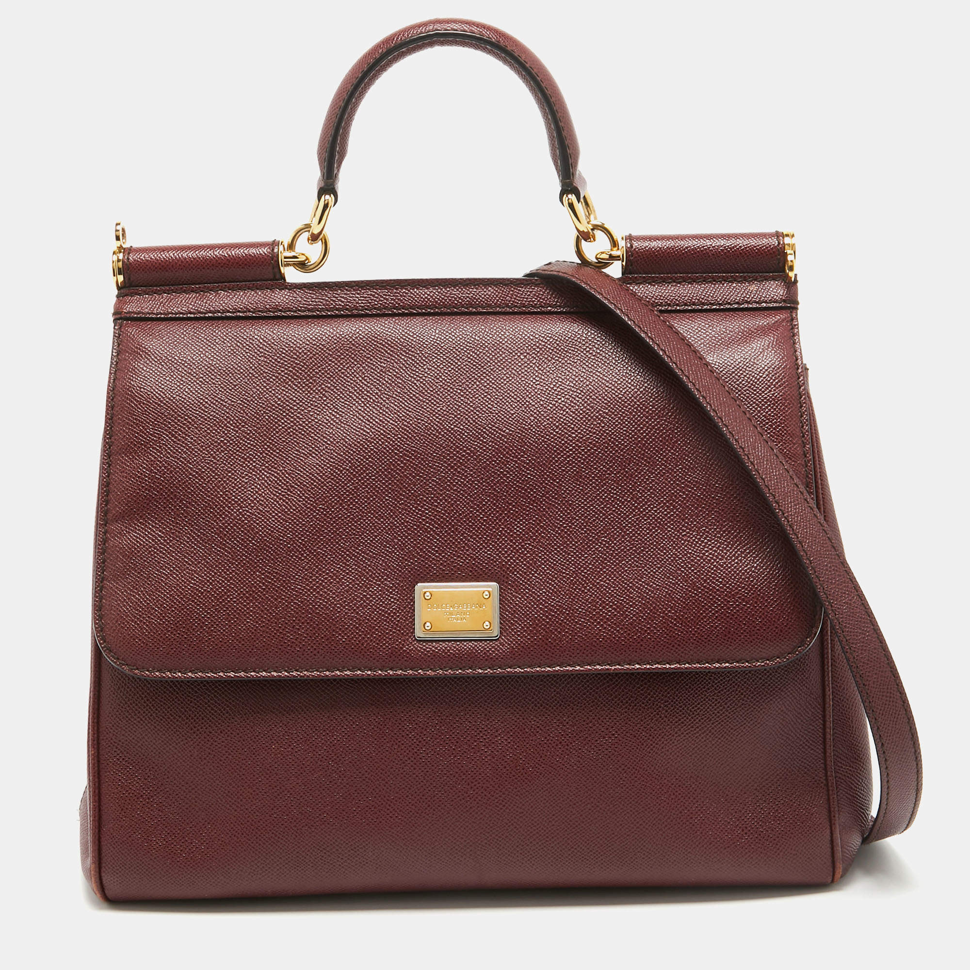 Pre Owned Dolce & Gabbana Burgundy Leather Large Miss Sicily Top Handle Bag