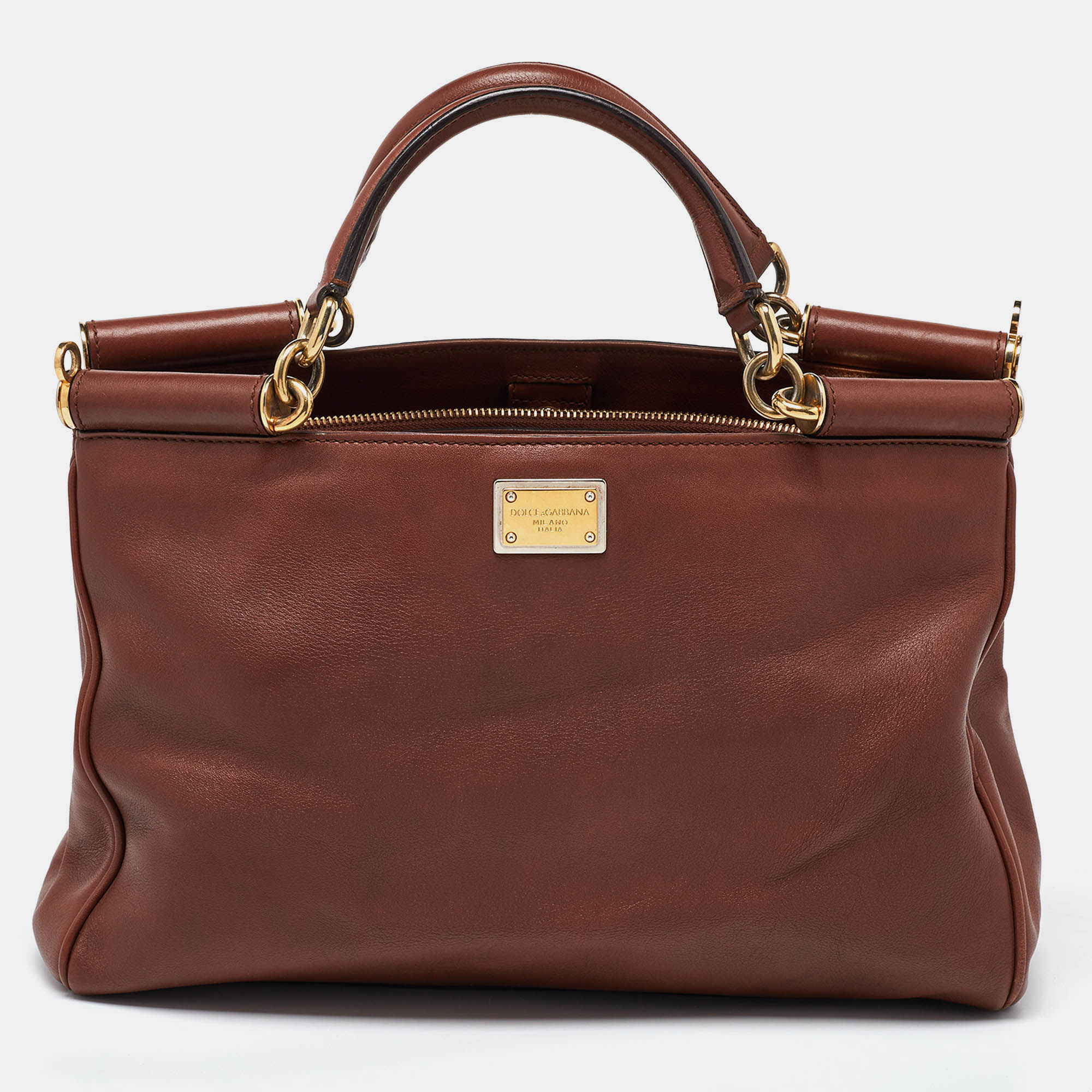 Pre Owned Dolce & Gabbana Brown Leather Miss Sicily Tote