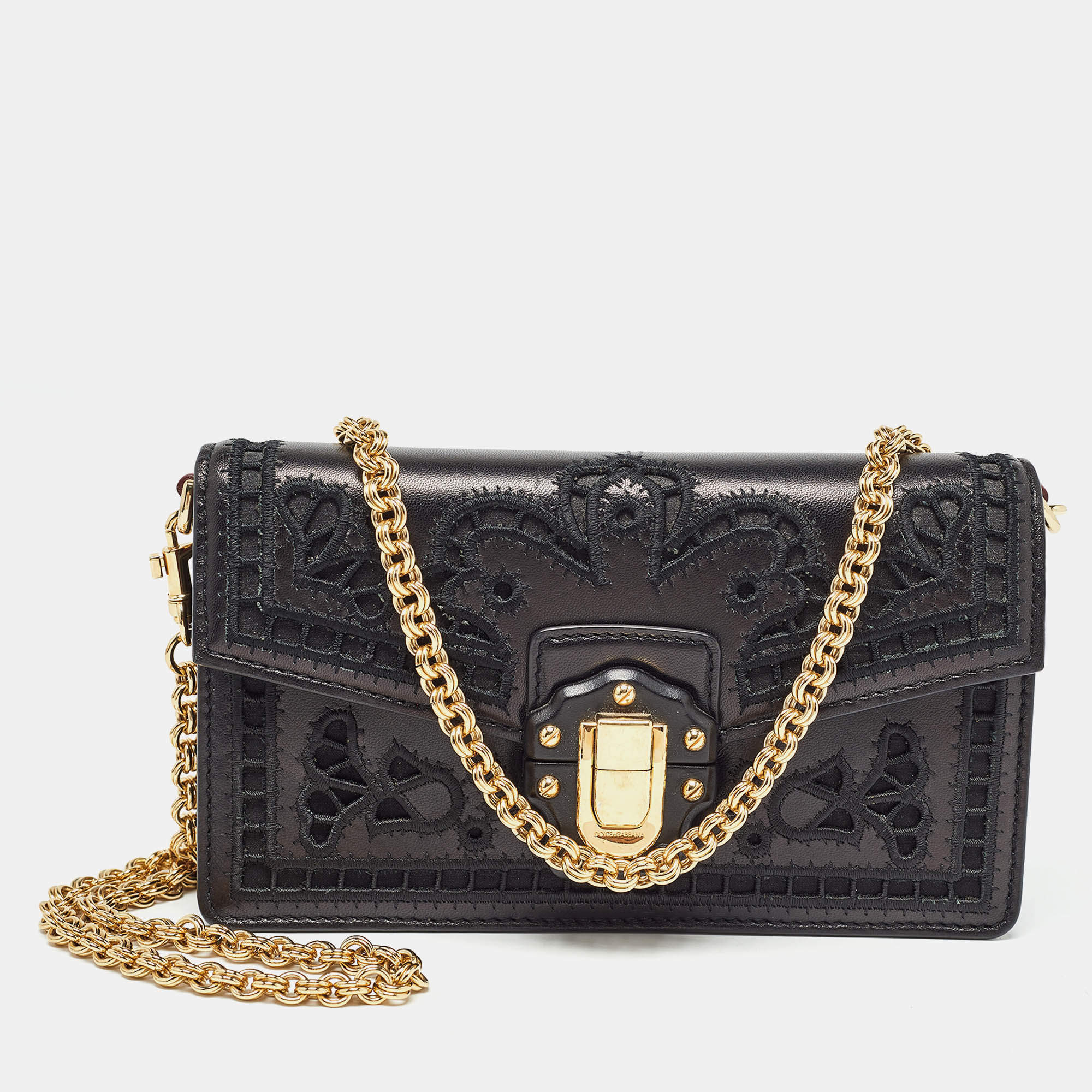 Pre Owned Dolce & Gabbana Black Leather Embroidered Lucia Wallet On Chain