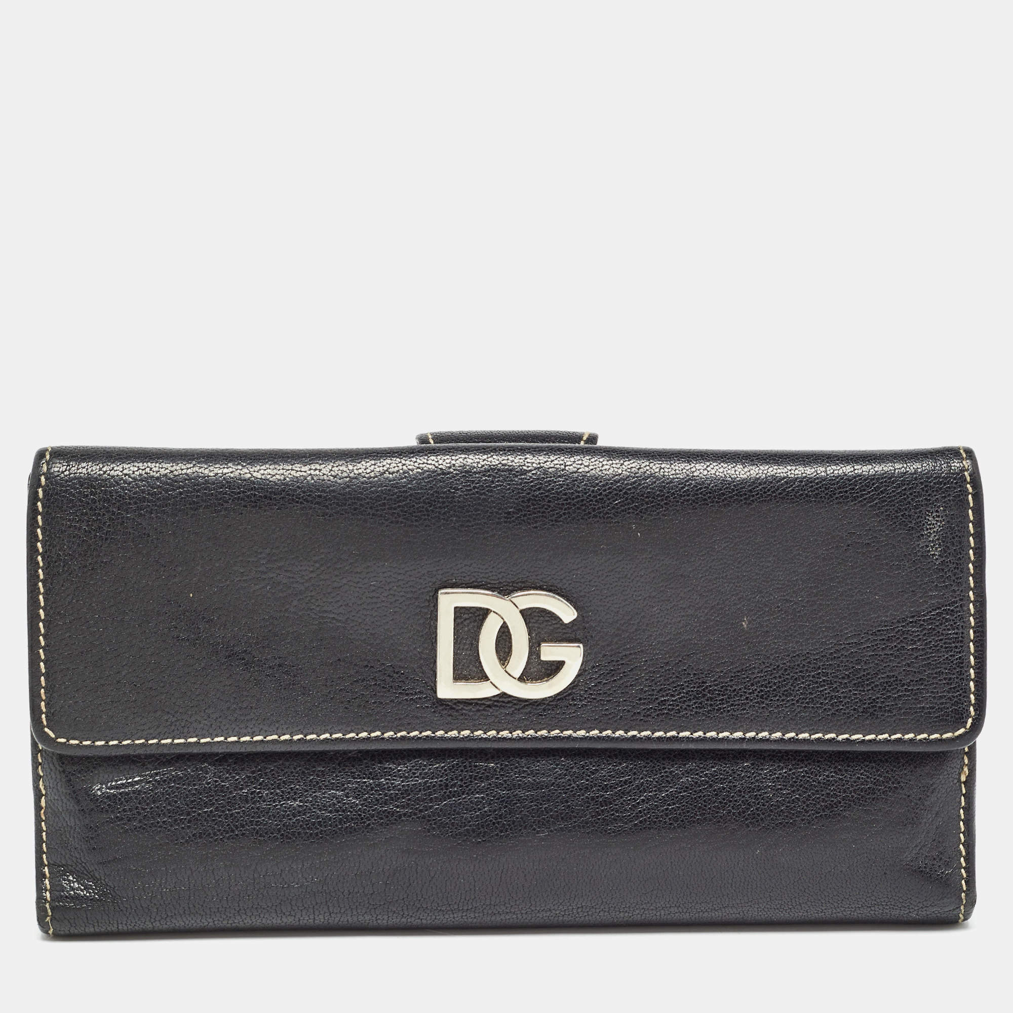Pre Owned Dolce & Gabbana Black Leather Logo Tri Fold Continental Wallet