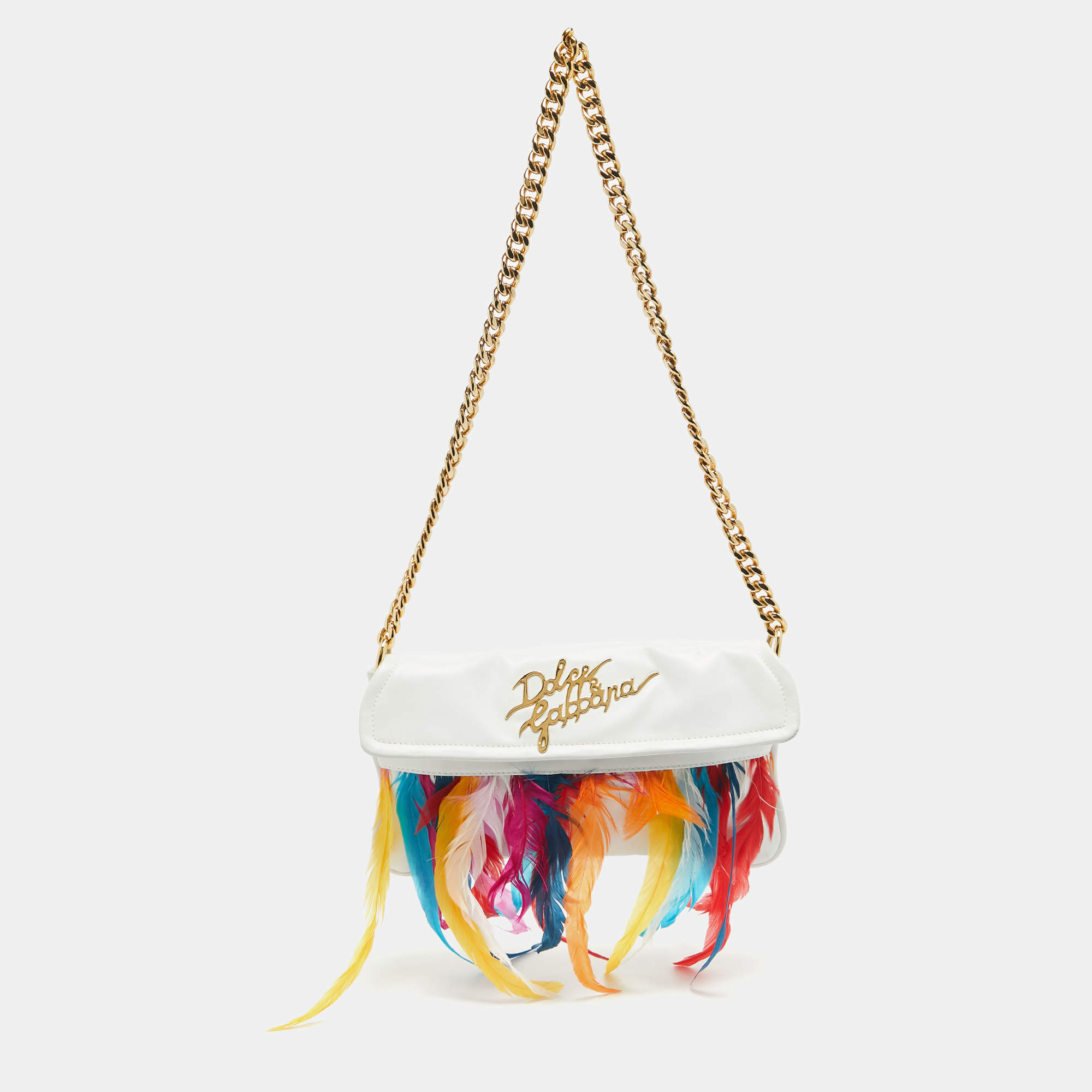 Dolce & Gabbana White/Multicolor Leather and Feather Clutch Bag