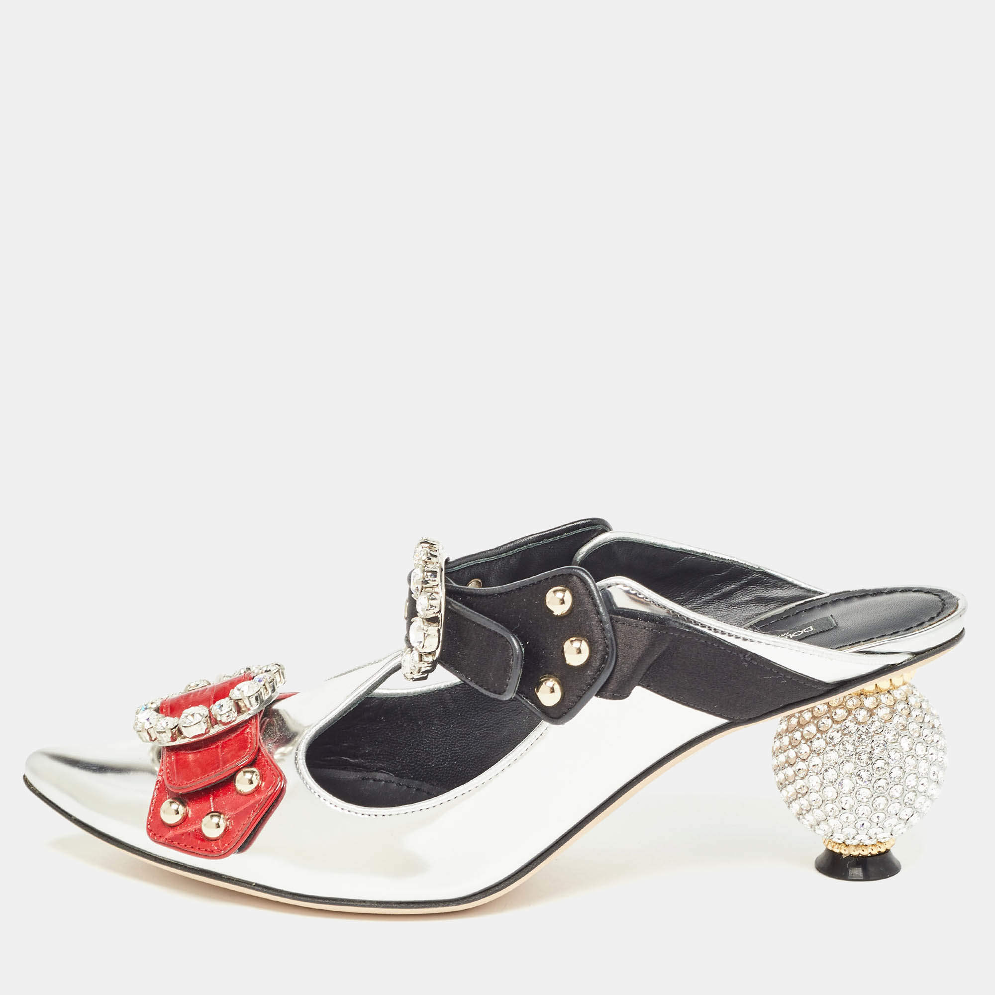 Pre Owned Dolce & Gabbana Tricolor Leather Crystal Embellished Buckle Detail Ankle Strap Mules Size 38