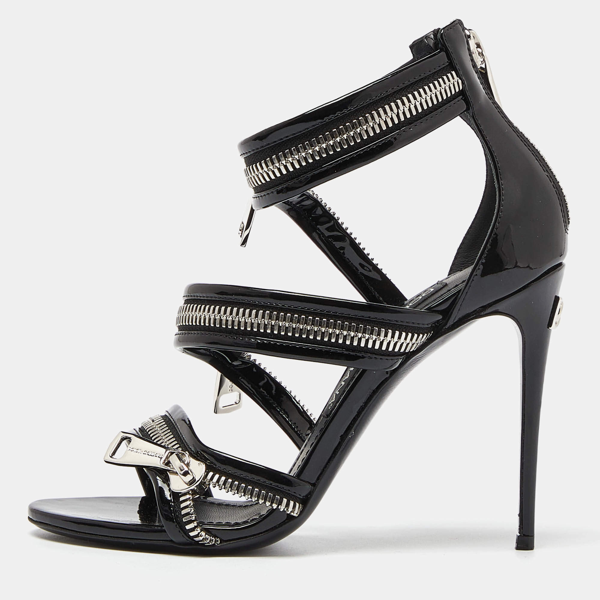 Pre Owned Dolce & Gabbana Black Patent Leather Chain Detail Ankle Strap Sandals Size 37