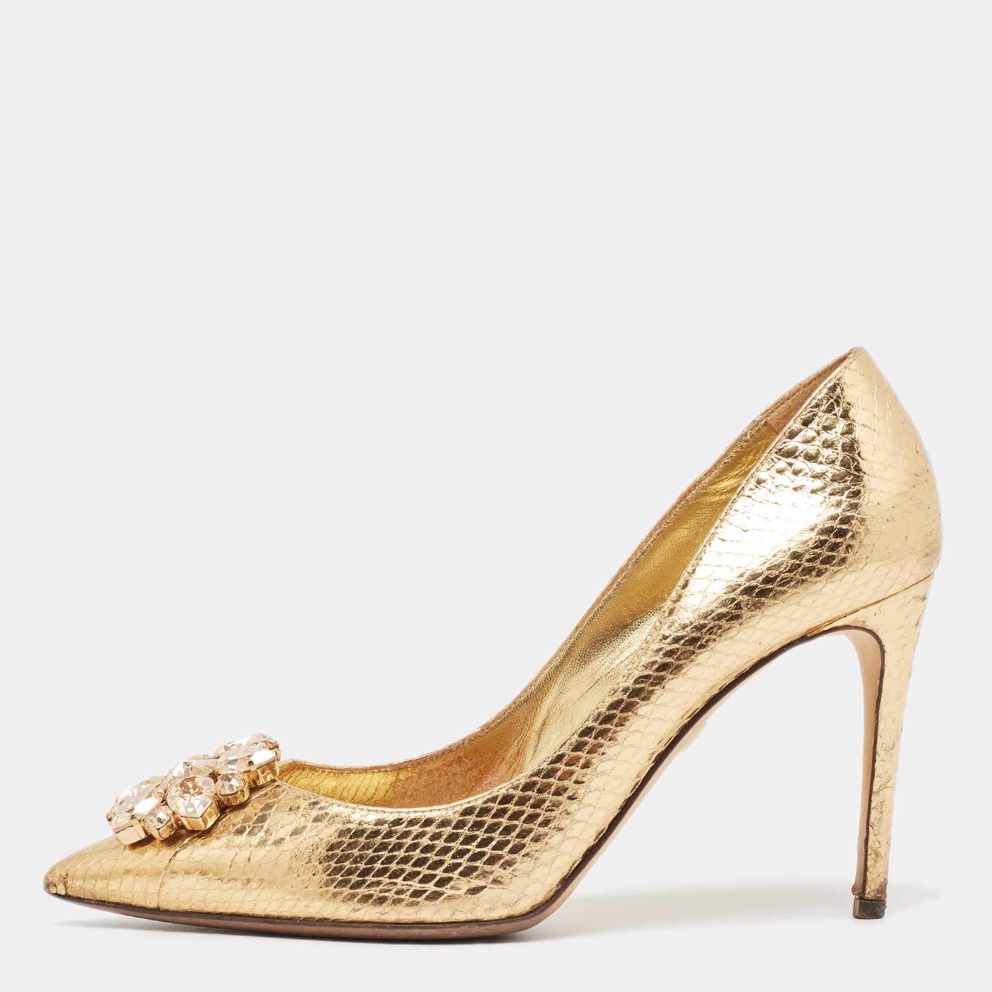 Dolce & Gabbana Gold Embossed Snakeskin Bellucci Pumps Size 38