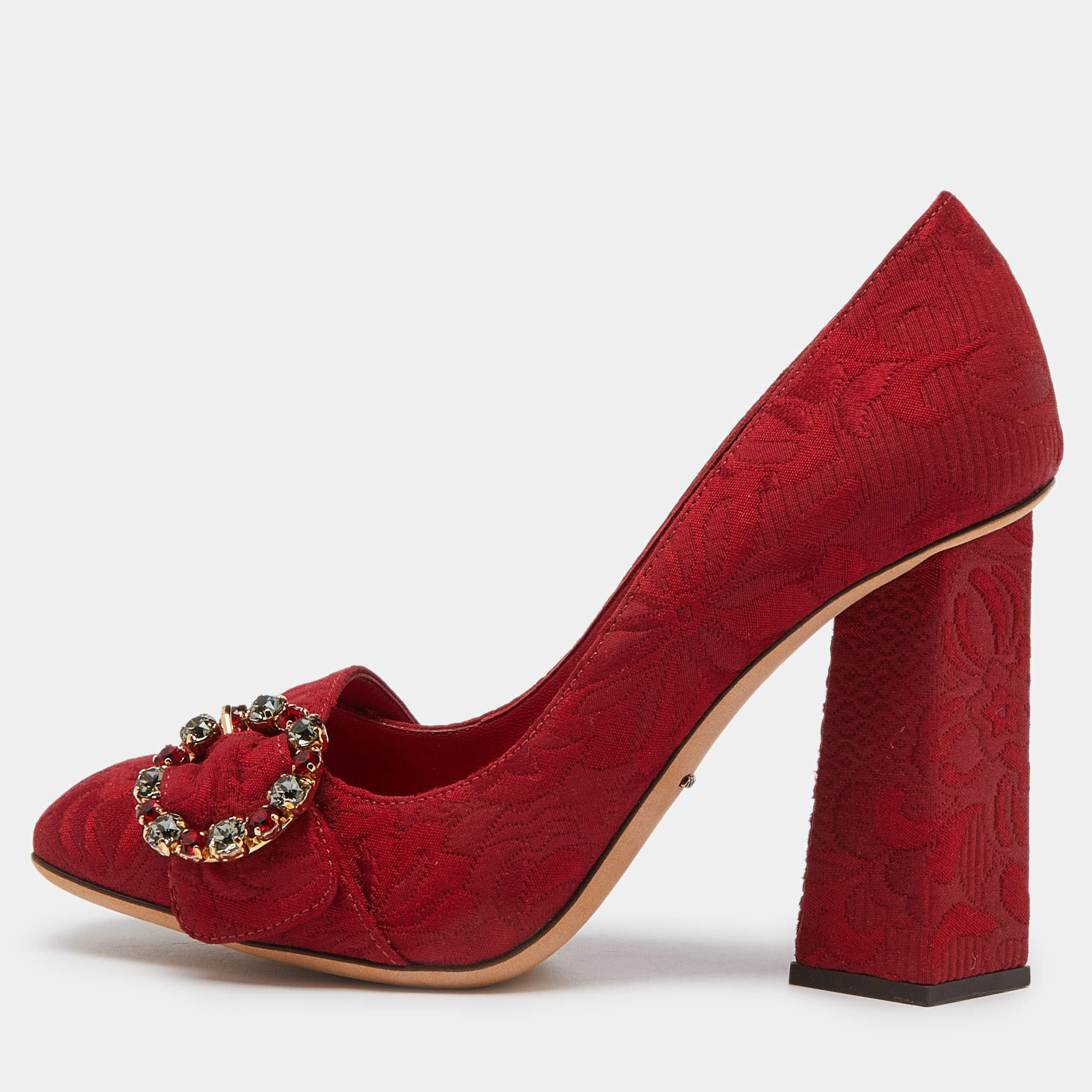 Dolce & Gabbana Red Brocade Fabric Crystal Embellished Block Heel Pumps Size 39.5