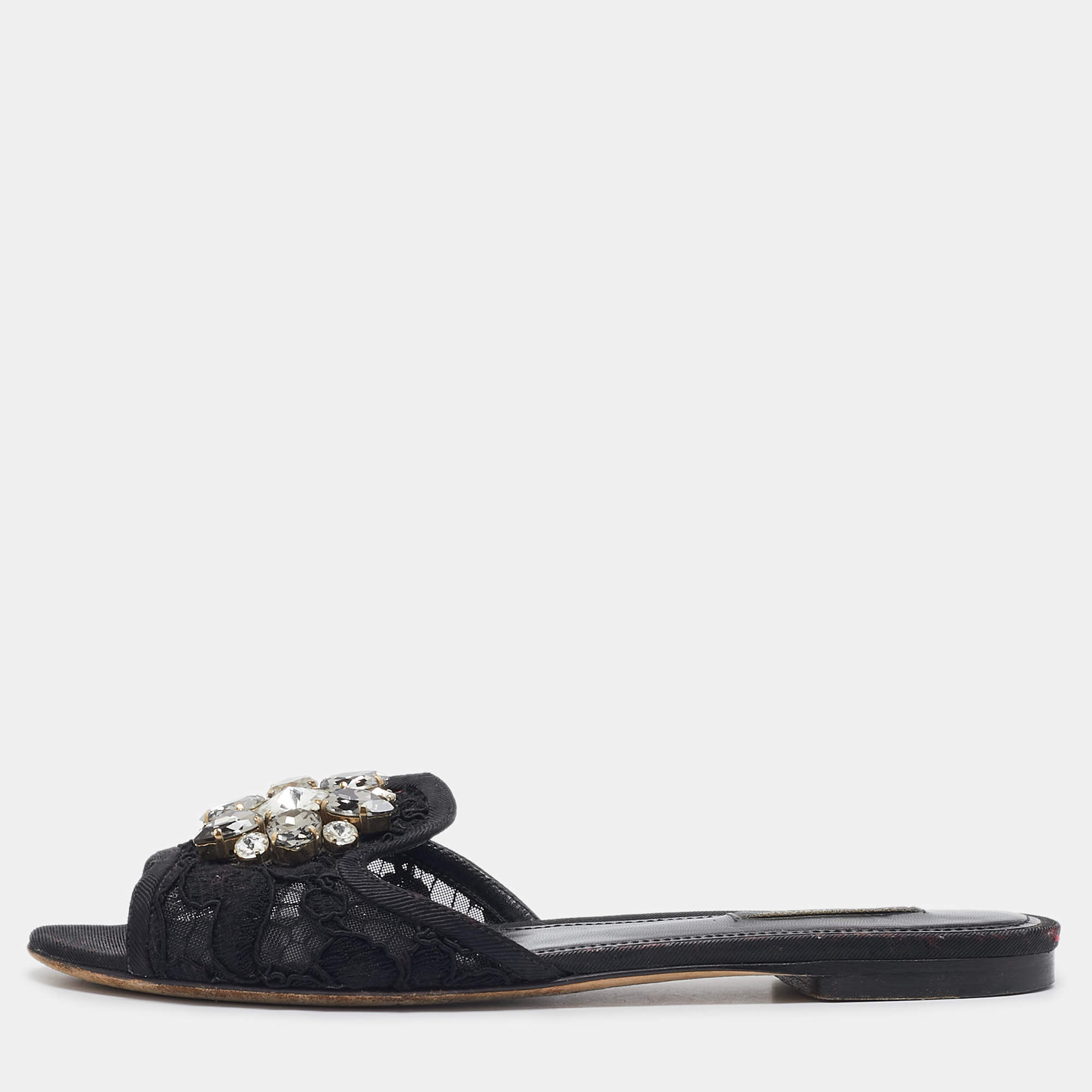 Pre Owned Dolce & Gabbana Black Lace Crystal Embellished Flat Slides Size 37.5