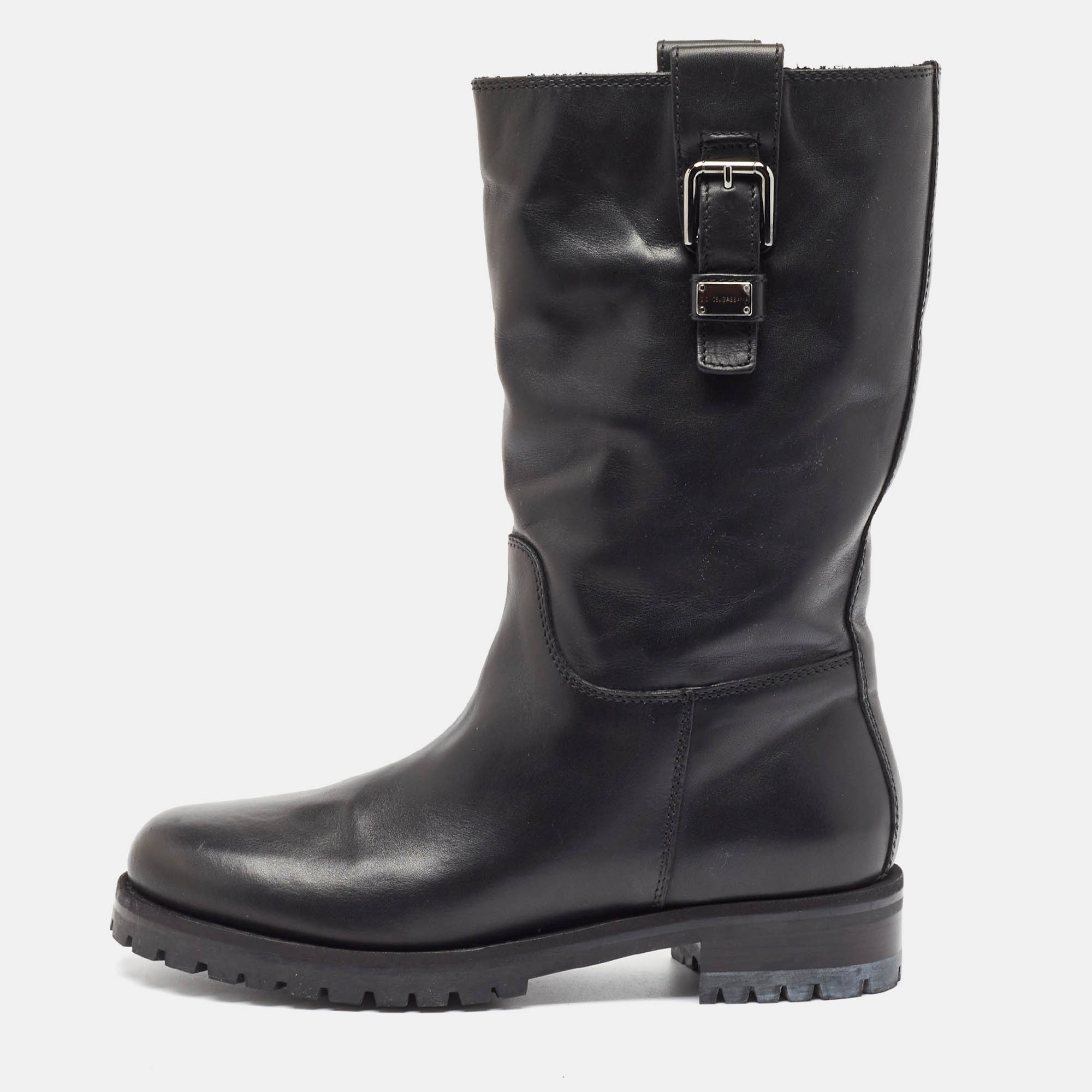 Pre Owned Dolce & Gabbana Black Leather Buckle Detail Mid Calf Boots Size 40