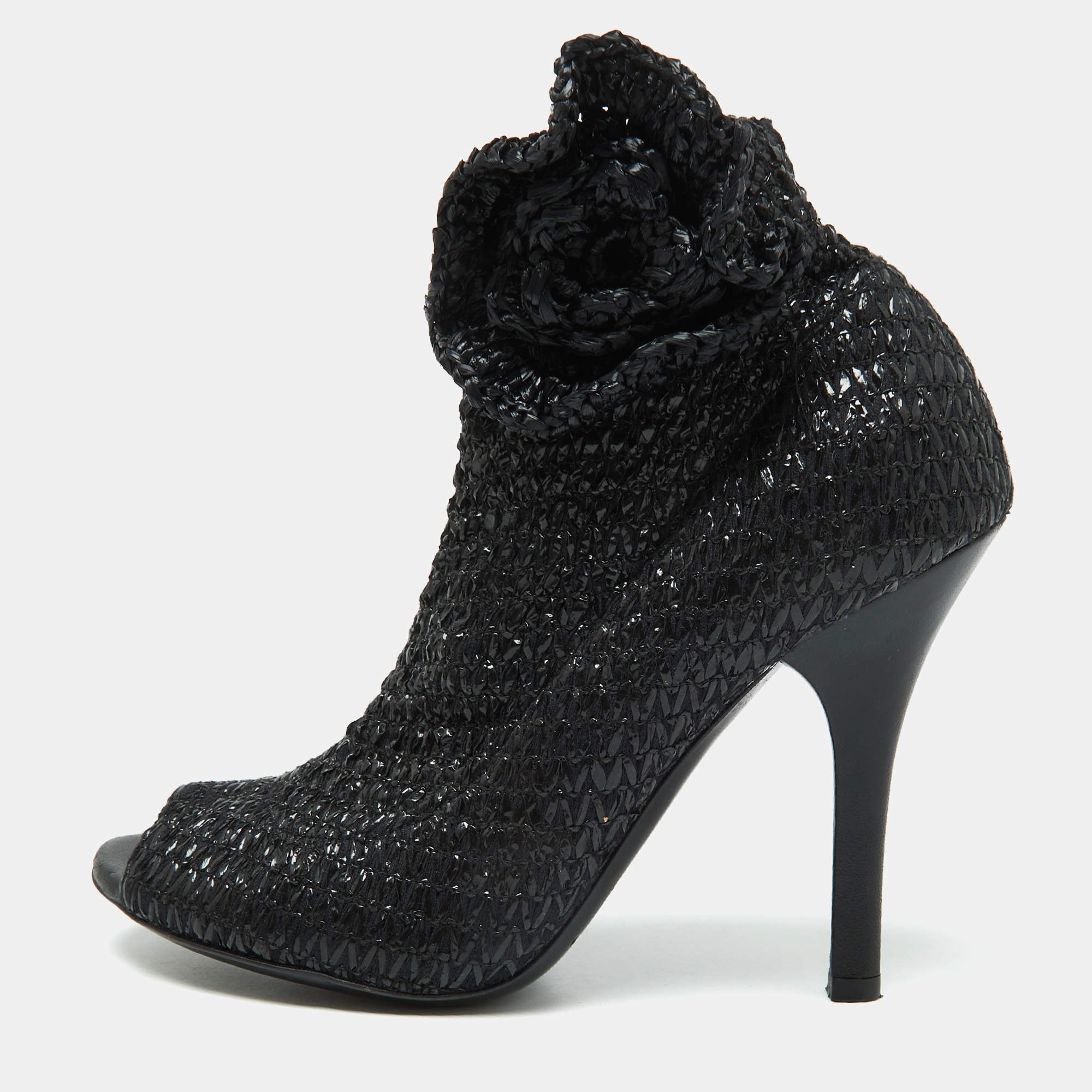 Pre Owned Dolce & Gabbana Black Knit Fabric and Straw Peep Toe Booties Size 37