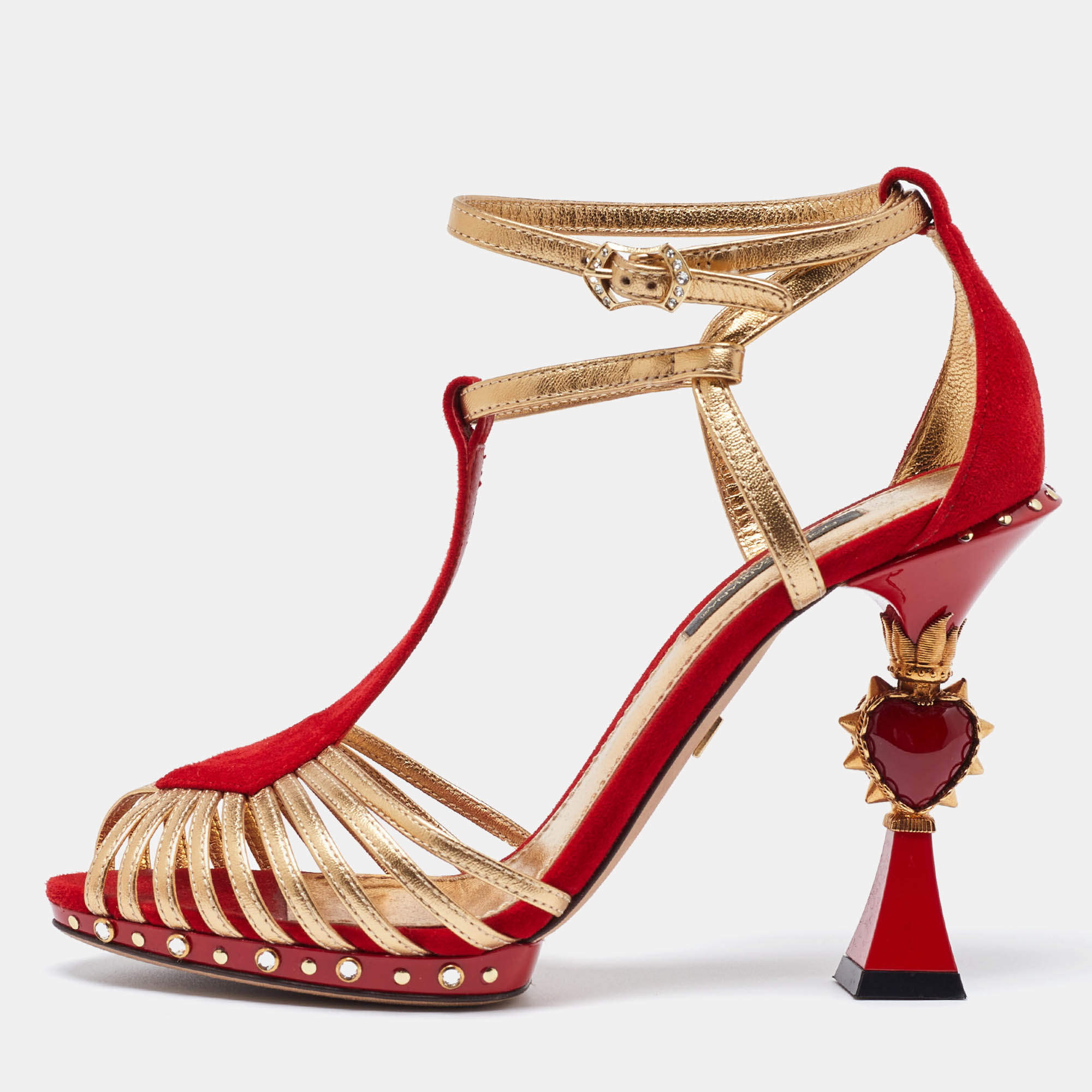 Dolce & Gabbana Red/Gold Leather and Suede Sculpted Ankle Strap Sandals Size 36.5