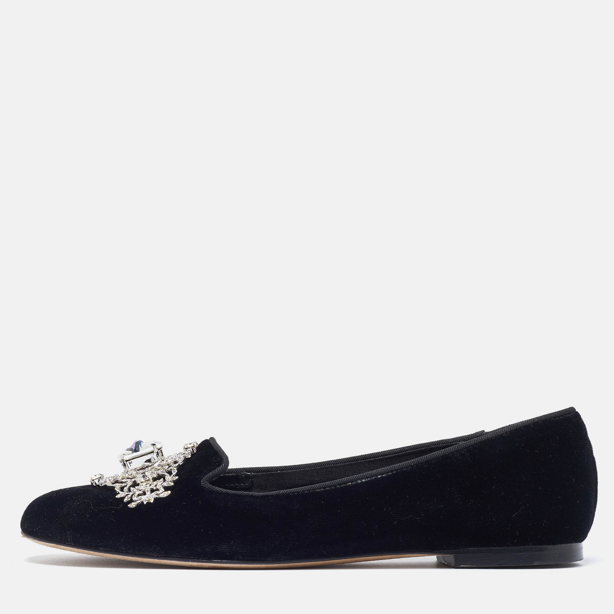 Pre Owned Dolce & Gabbana Black Velvet Crystal Embellished Ballet Flats Size 35