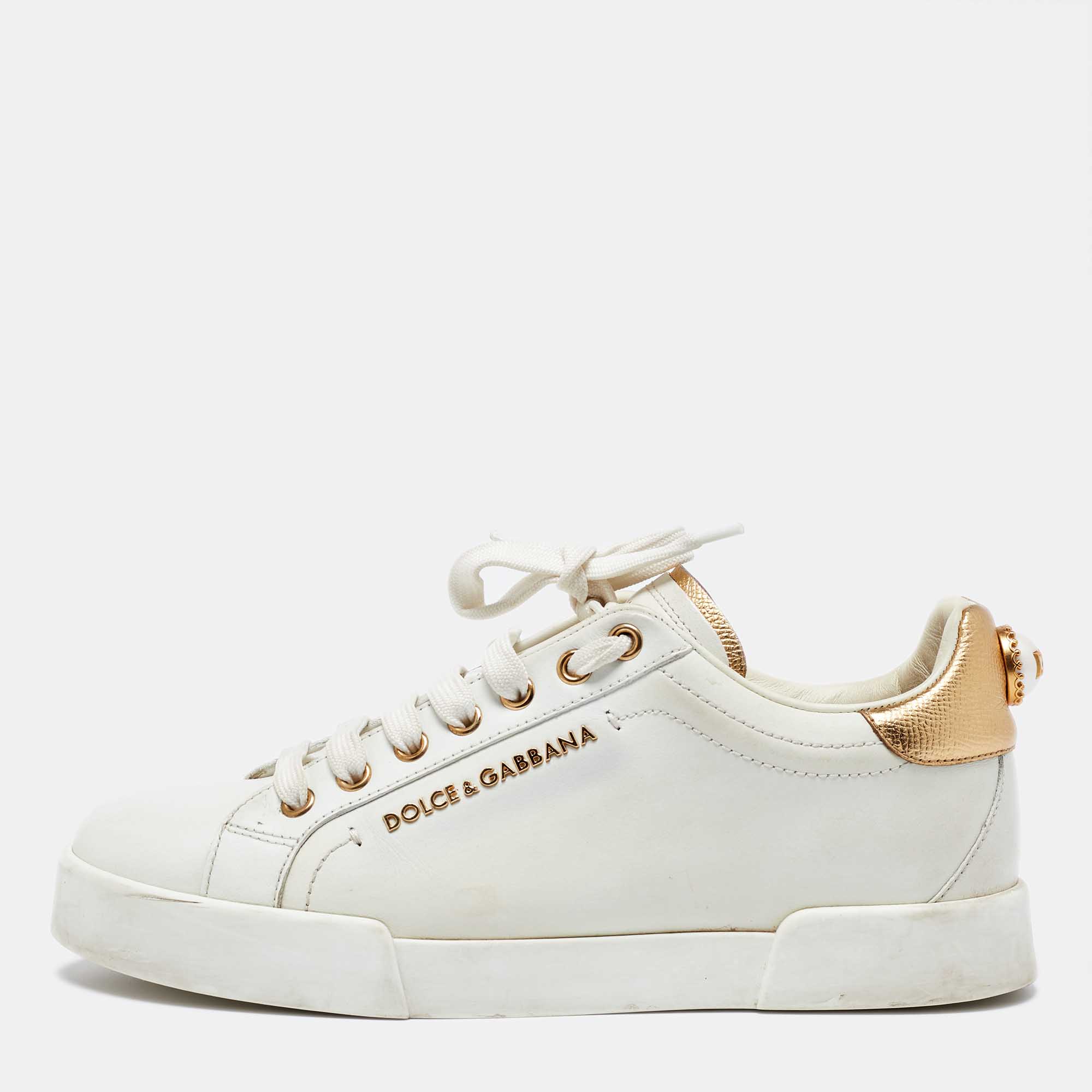 Pre Owned Dolce & Gabbana White/Gold Leather Portofino Sneakers Size 38.5
