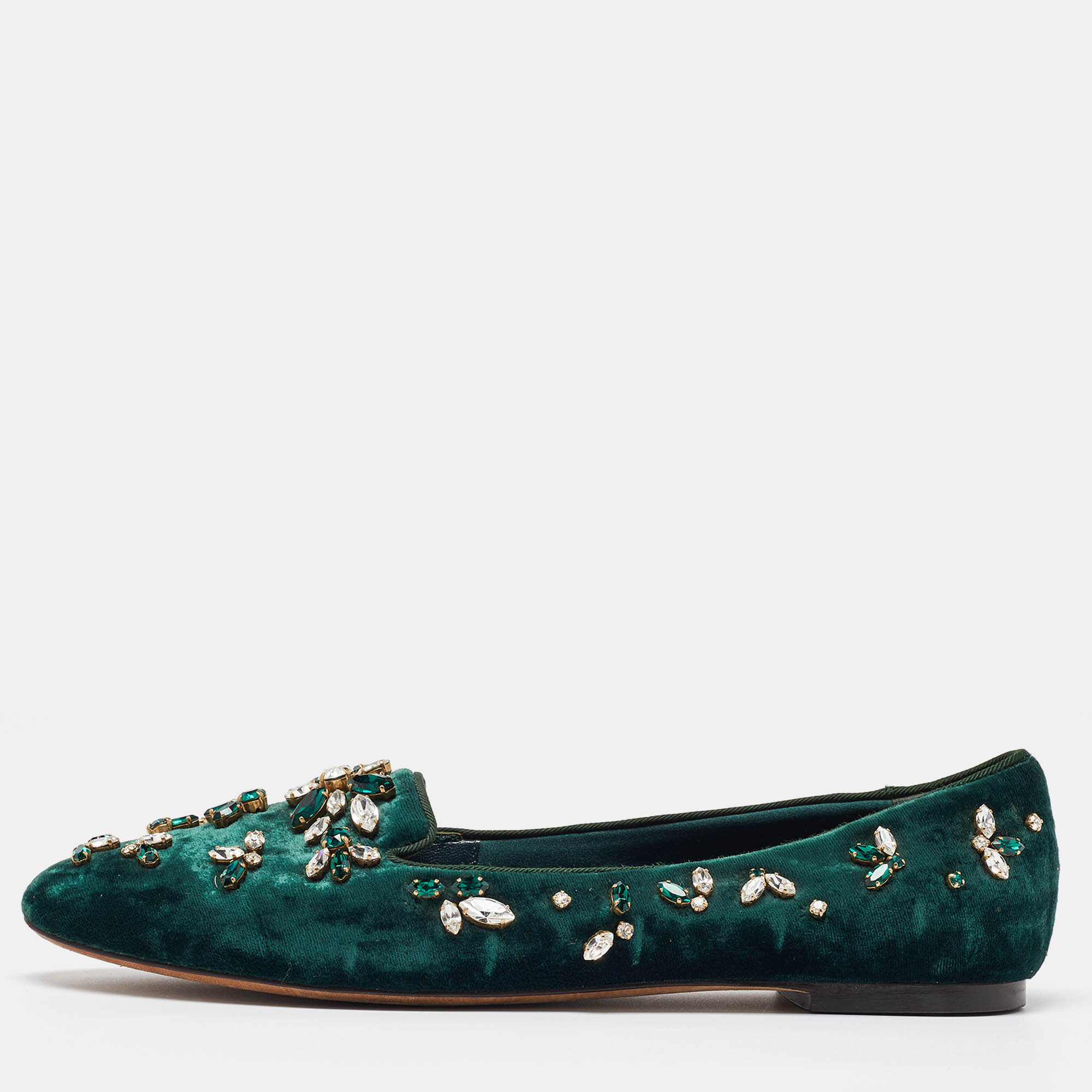 Pre Owned Dolce & Gabbana Green Velvet Crystal Velvet Smoking Slippers Size 40