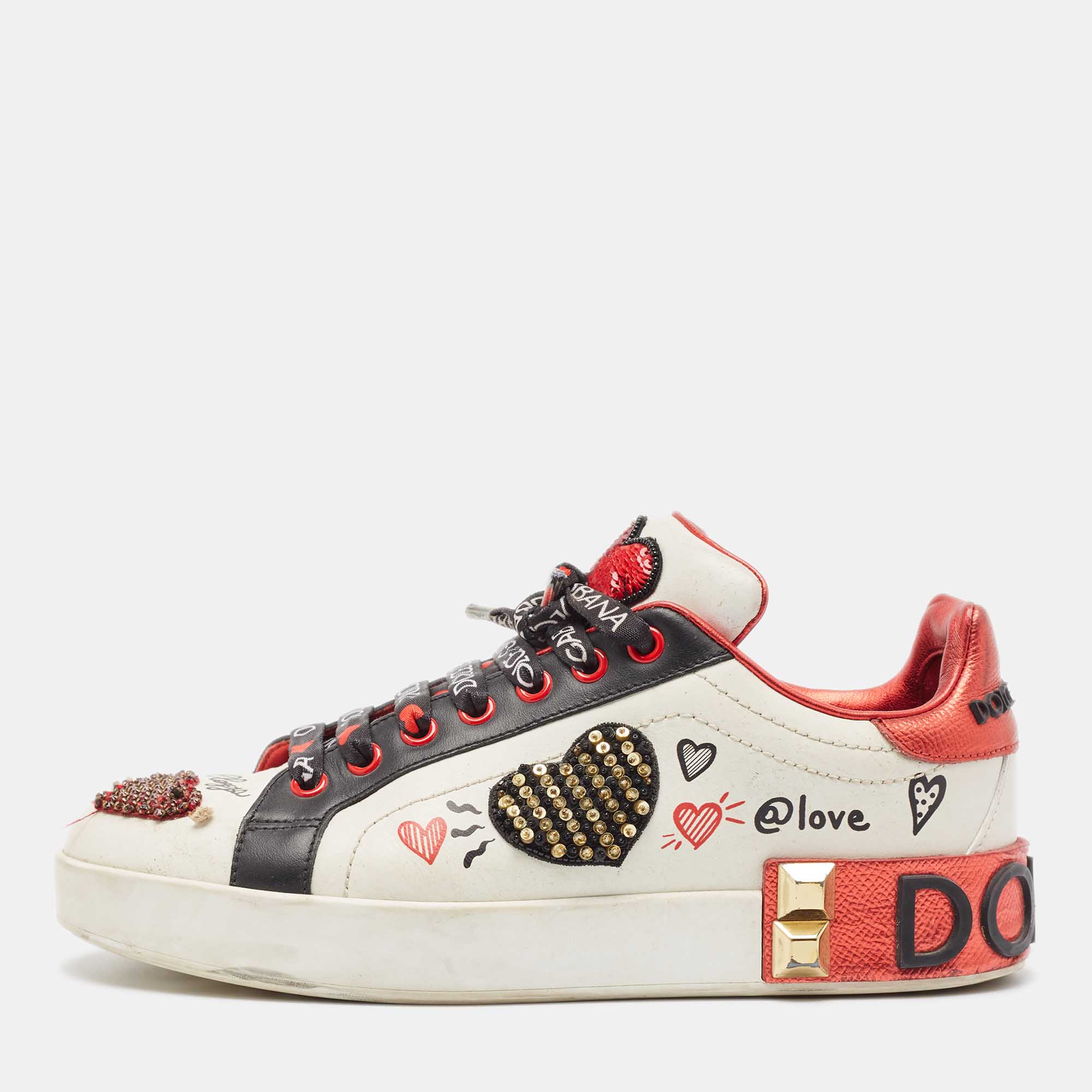 Pre Owned Dolce & Gabbana Multicolor Leather Amore Heart Embroidered Low Top Sneakers Size 37