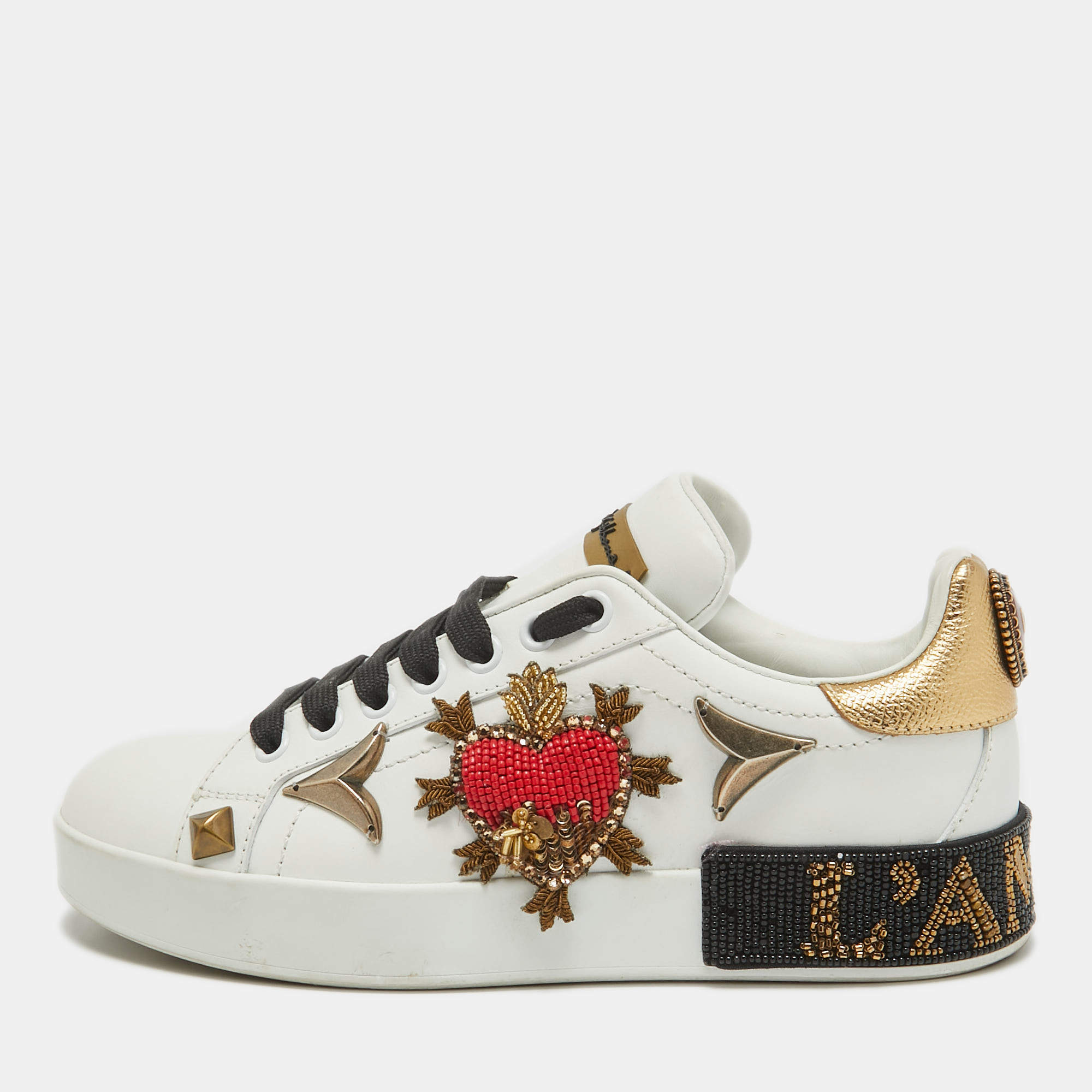 Pre Owned Dolce & Gabbana White Leather Portofino Embellished Low Top Sneakers Size 35
