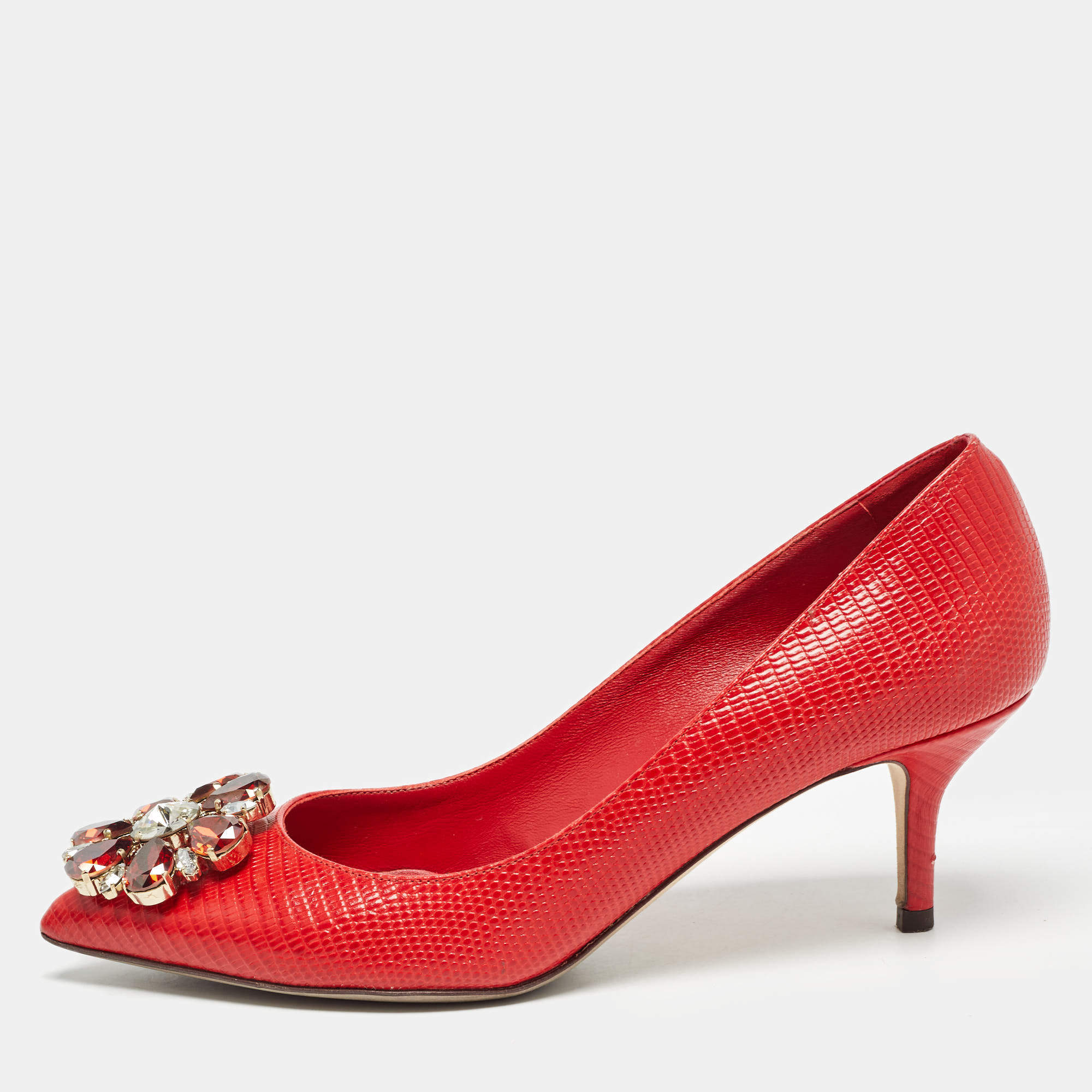 Pre Owned Dolce & Gabbana Red Lizard Embossed Leather Crystal Embellished Pumps Size 36.5