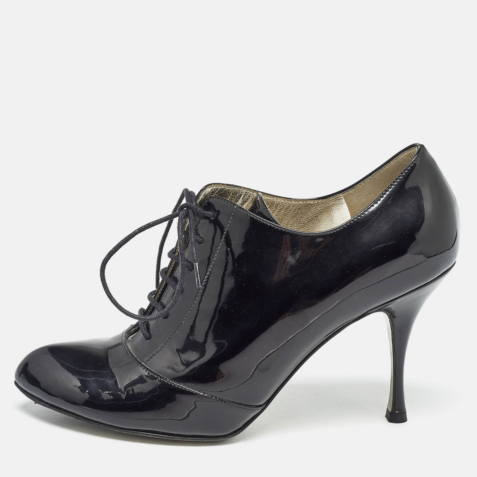 Pre Owned Dolce & Gabbana Black Patent Leather Lace Up Ankle Boots Size 38