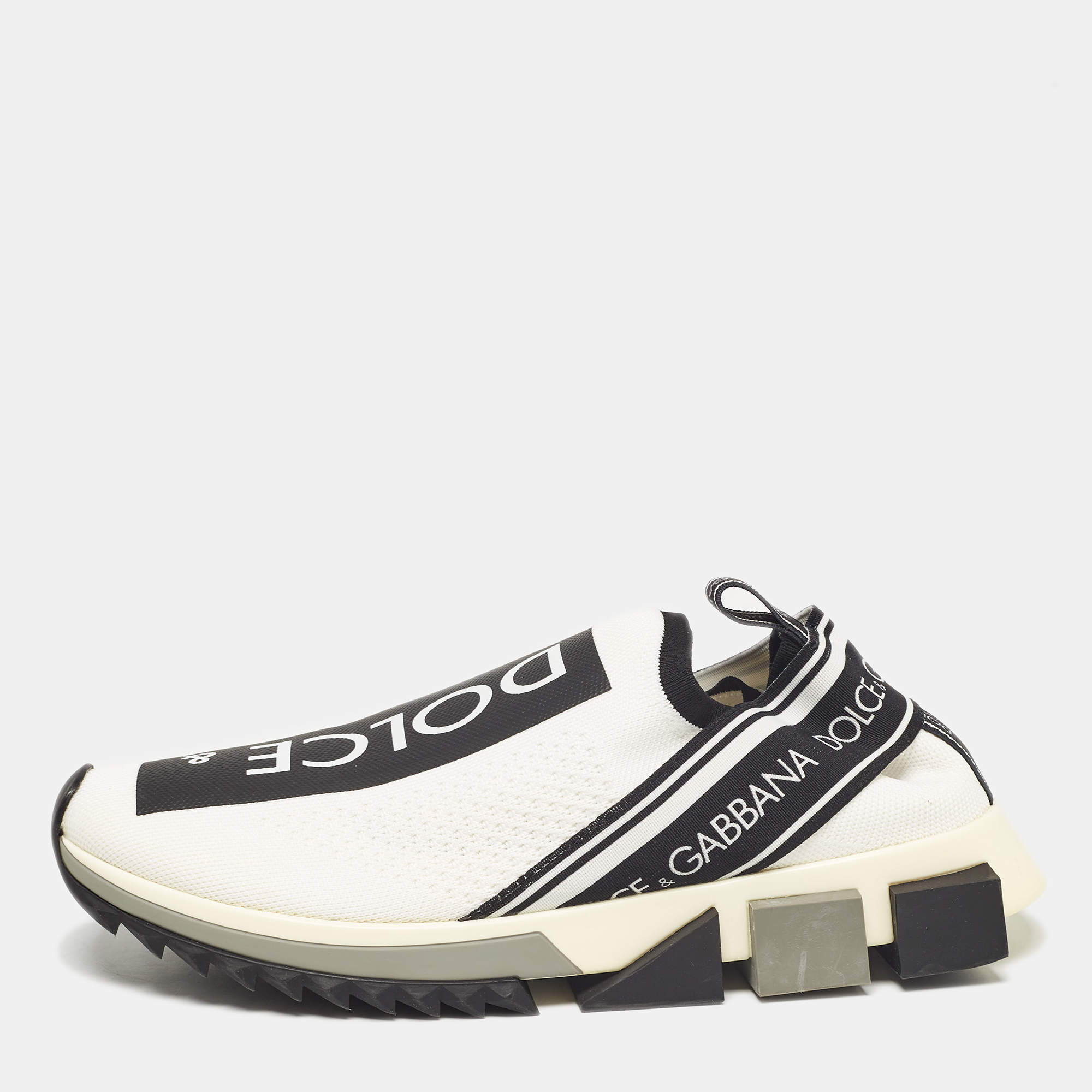 Pre Owned Dolce & Gabbana White/Black Knit Fabric Sorrento Slip On Sneakers Size 40