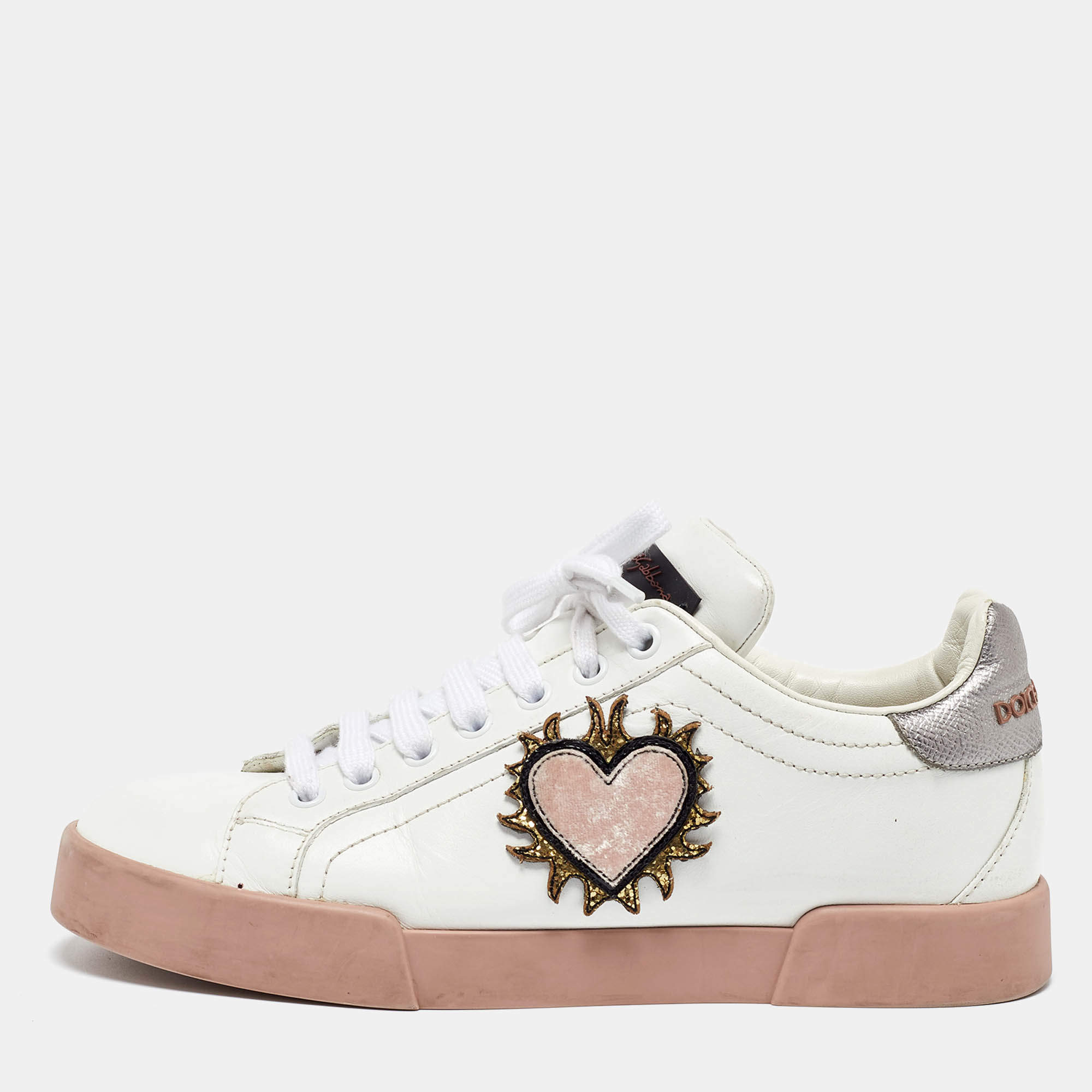 Pre Owned Dolce & Gabbana White Leather Love Applique Portofino Low Top Sneakers Size 38