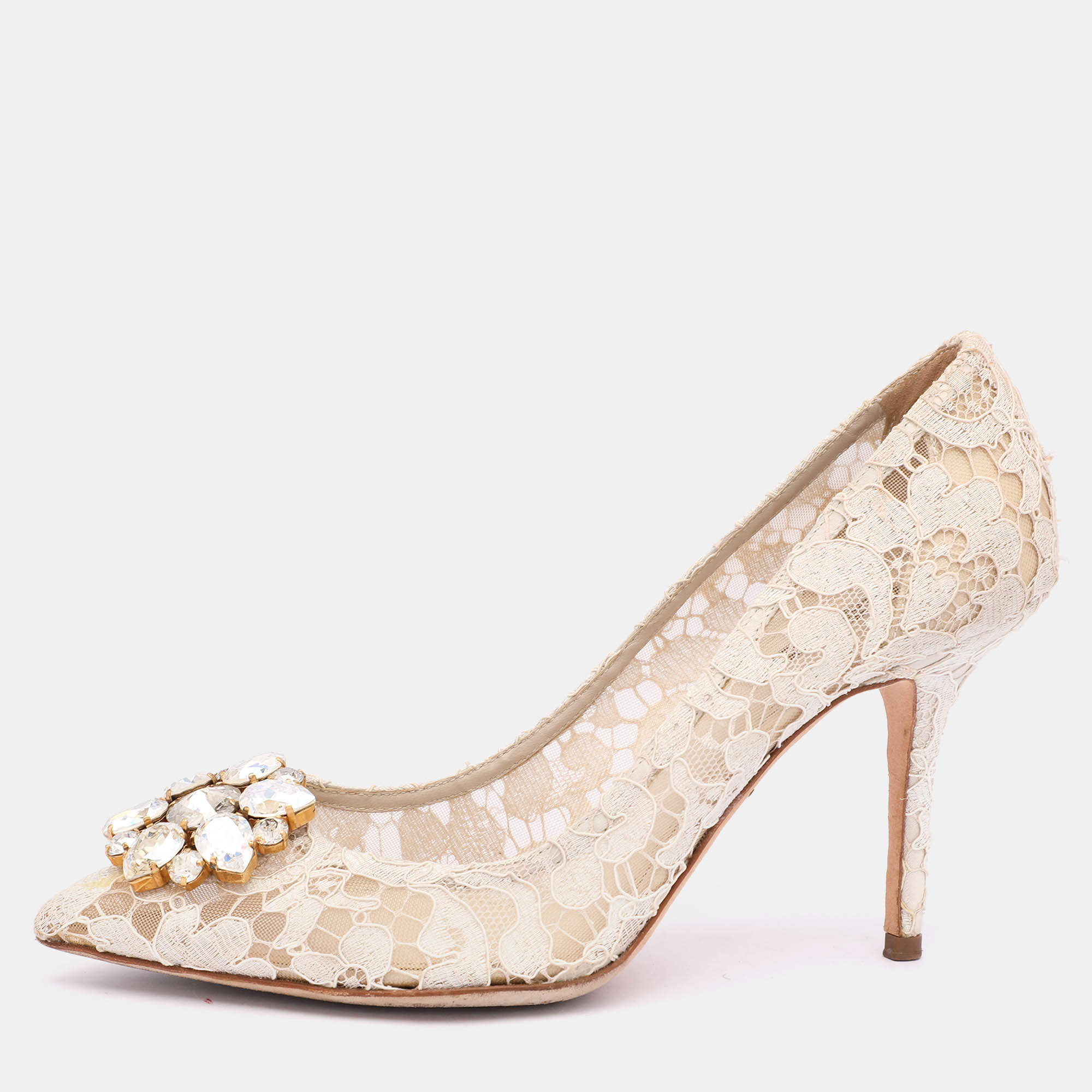 Pre Owned Dolce & Gabbana Off White Lace Bellucci Embellished Pointed Toe Pumps Size 39