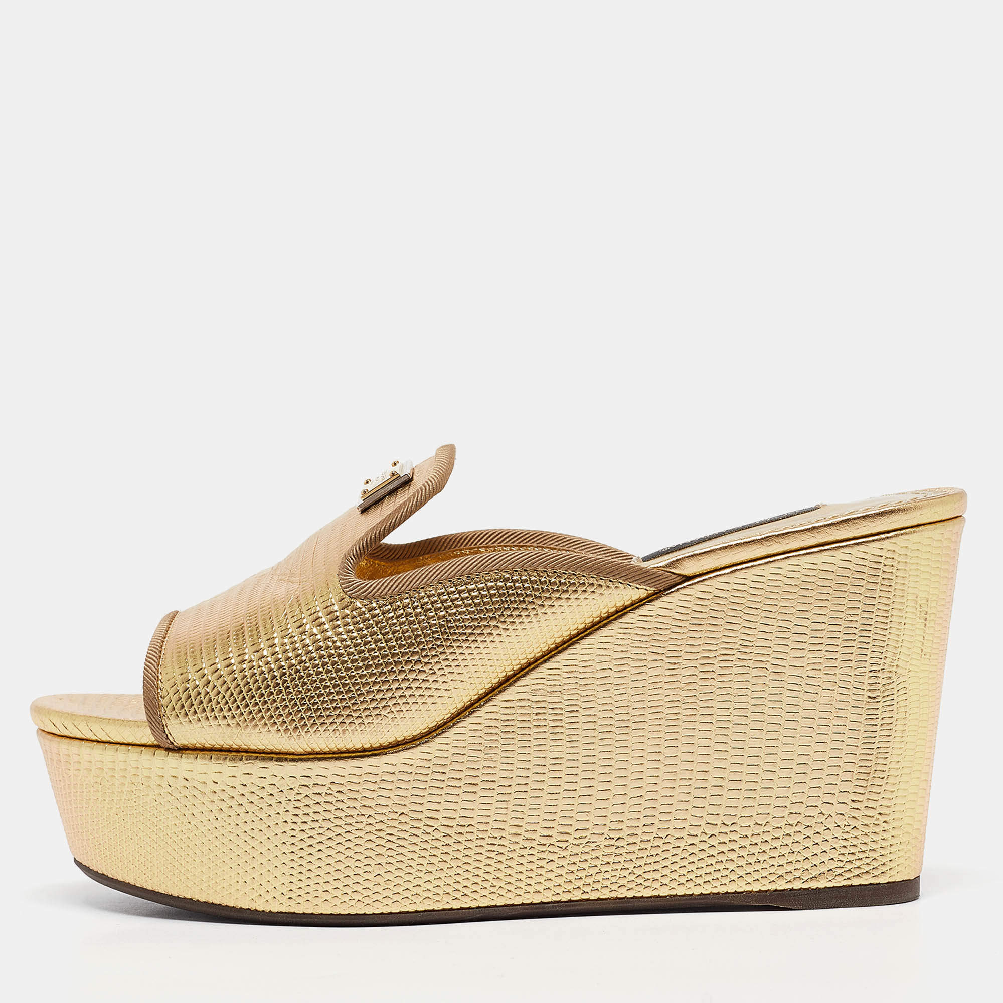 Pre Owned Dolce & Gabbana Gold Lizard Embossed Leather Wedge Sandals Size 36