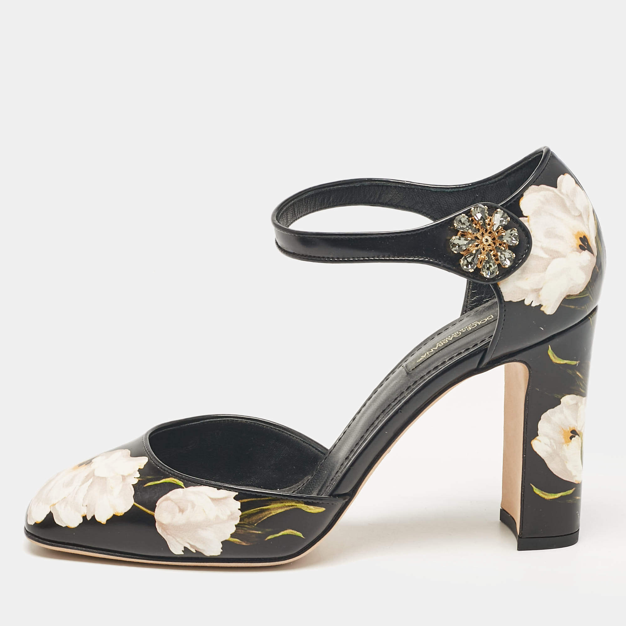 Pre Owned Dolce & Gabbana Black Floral Print Leather Ankle Strap Pumps Size 39