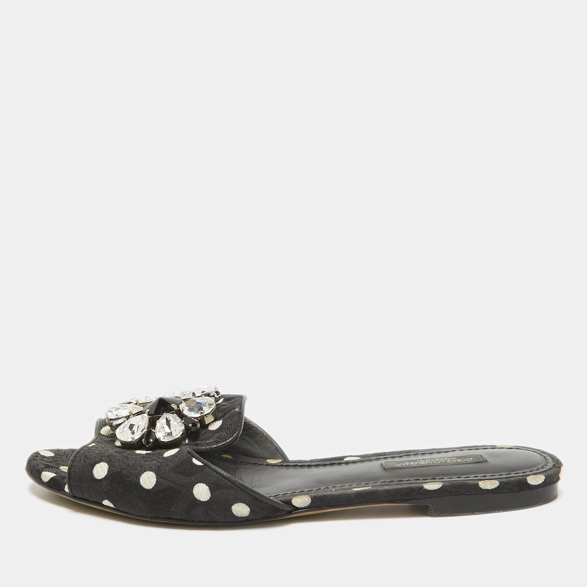 Dolce & Gabbana Black Polka Dot Canvas Bianca Flat Slides Size 37