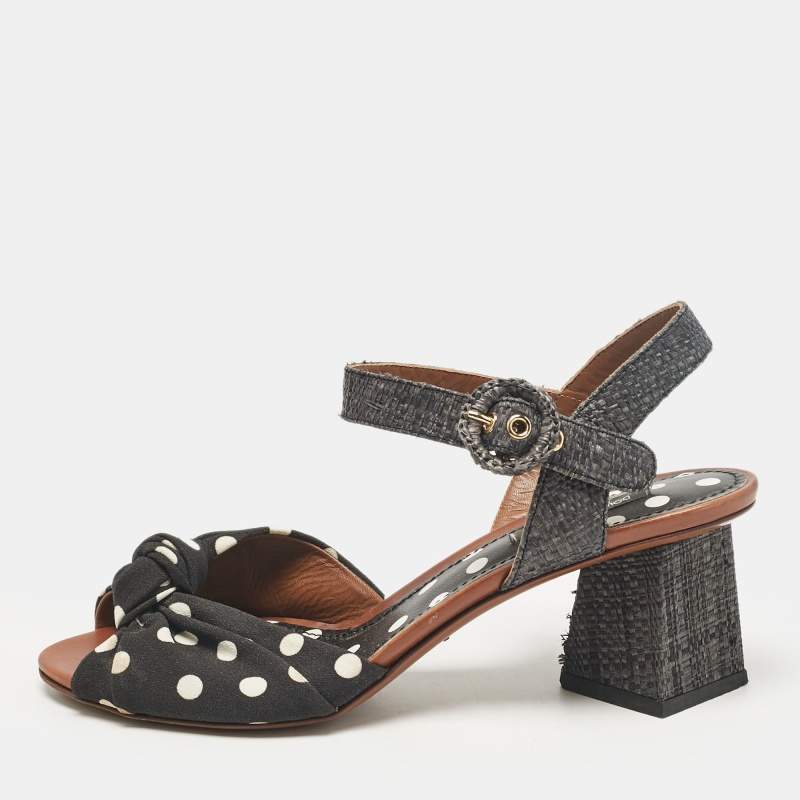 Pre Owned Dolce & Gabbana Black Polka Dot Knotted Fabric and Raffia Ankle Strap Sandals Size 38
