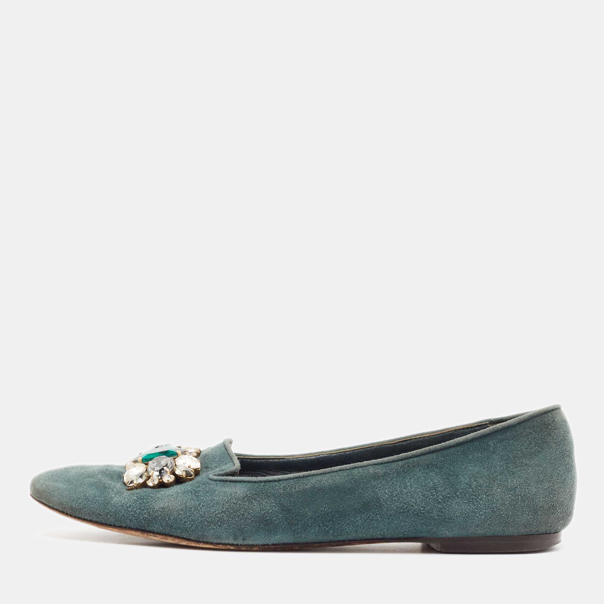 Dolce & Gabbana Green Suede Crystal Embellished Flats Size 37