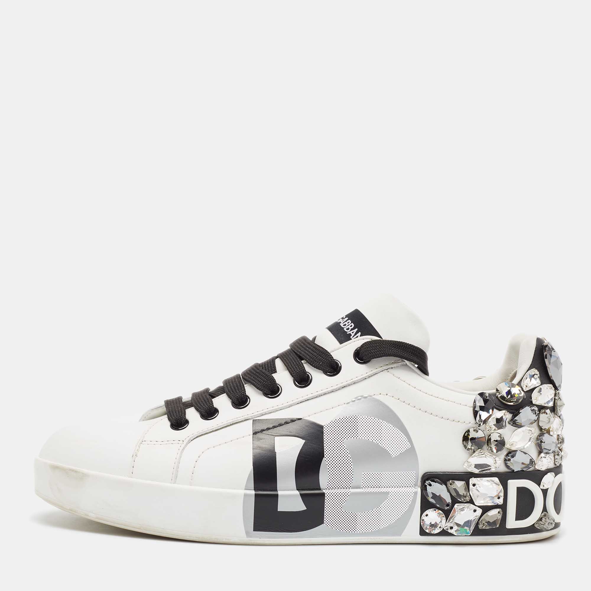 Pre Owned Dolce & Gabbana White Leather Portofino Lace Up Sneakers Size 39