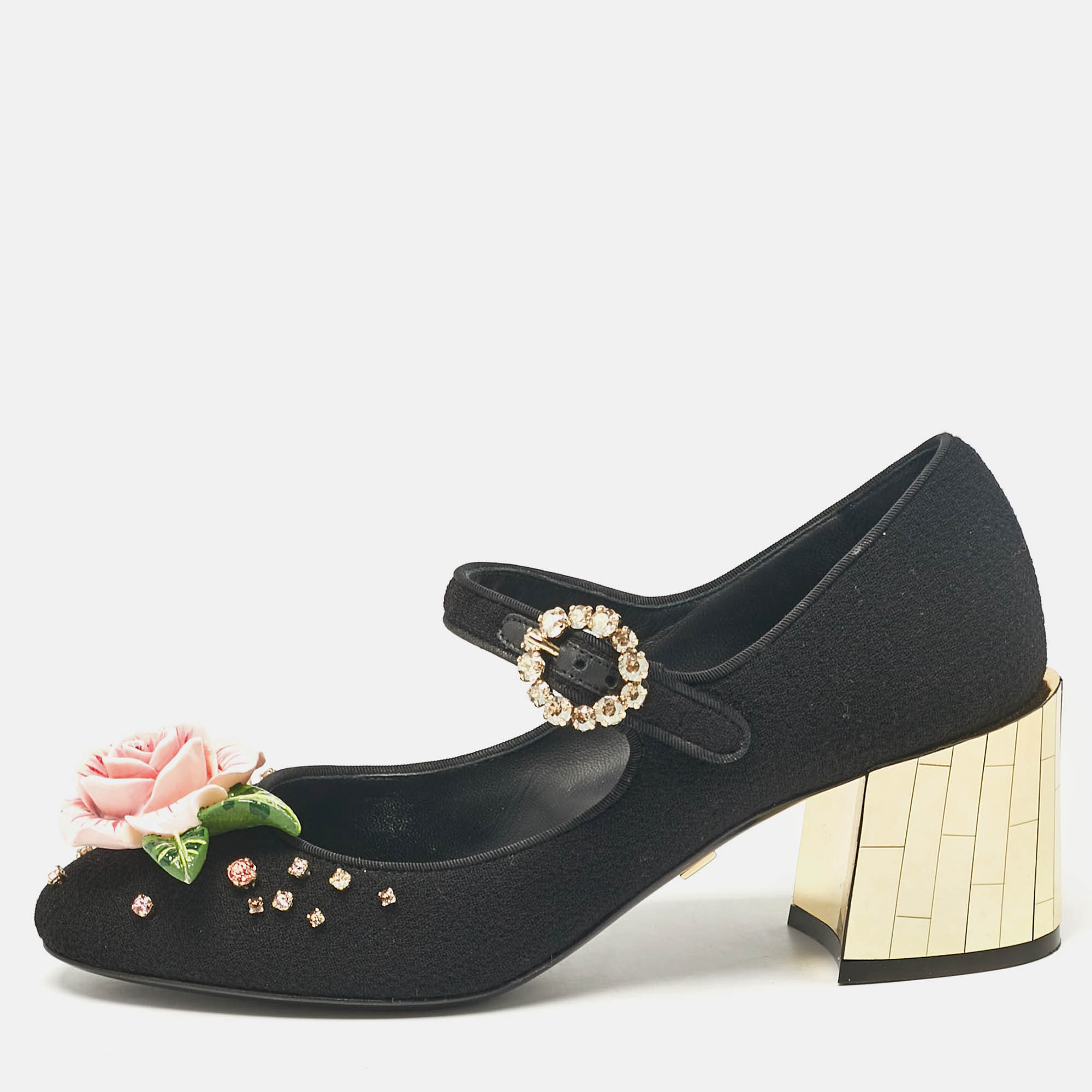 Pre Owned Dolce & Gabbana Black Fabric Flower Detail and Crystal Embellished Mary Jane Pumps Size 37