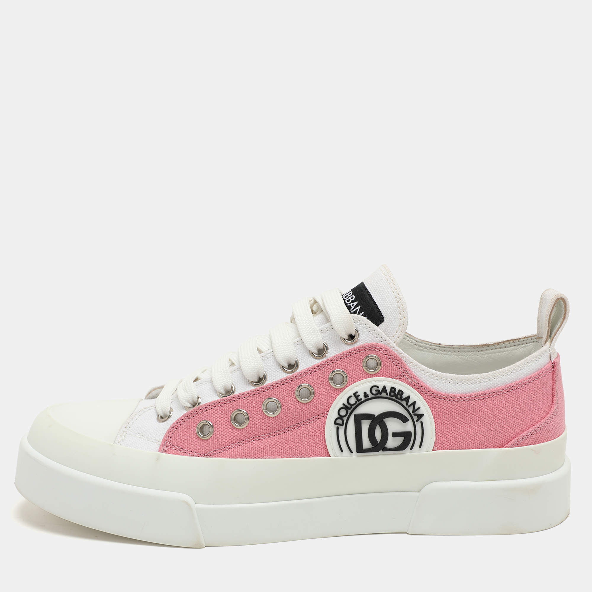 Dolce & Gabbana Pink/White Canvas Portofino Low Top Sneakers Size 41.5