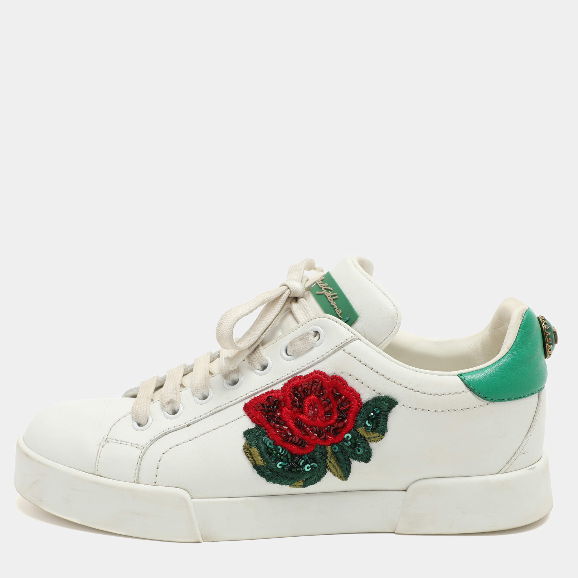 Dolce & Gabbana White/Green Leather Portofino Embellished Low Top Sneakers Size 37.5