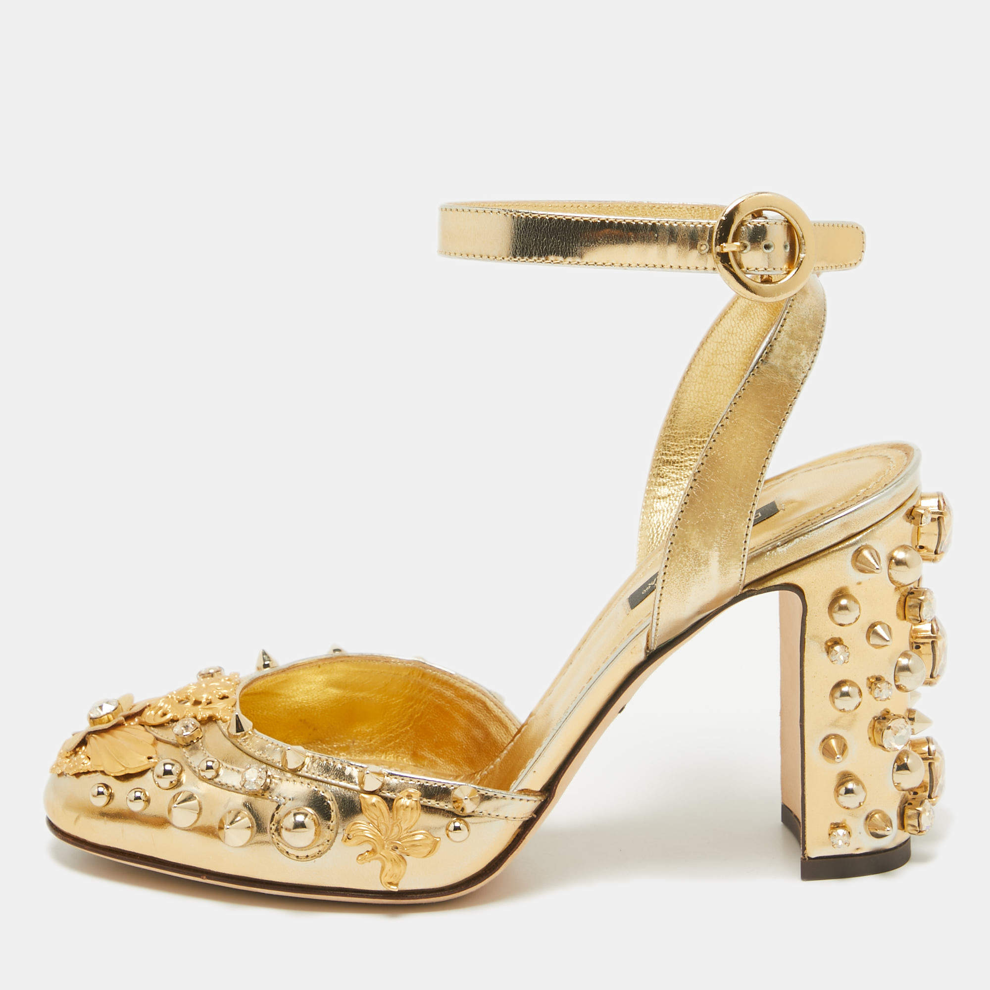 Dolce & Gabbana Gold Patent Leather Embellished Ankle Strap Pumps Size 38